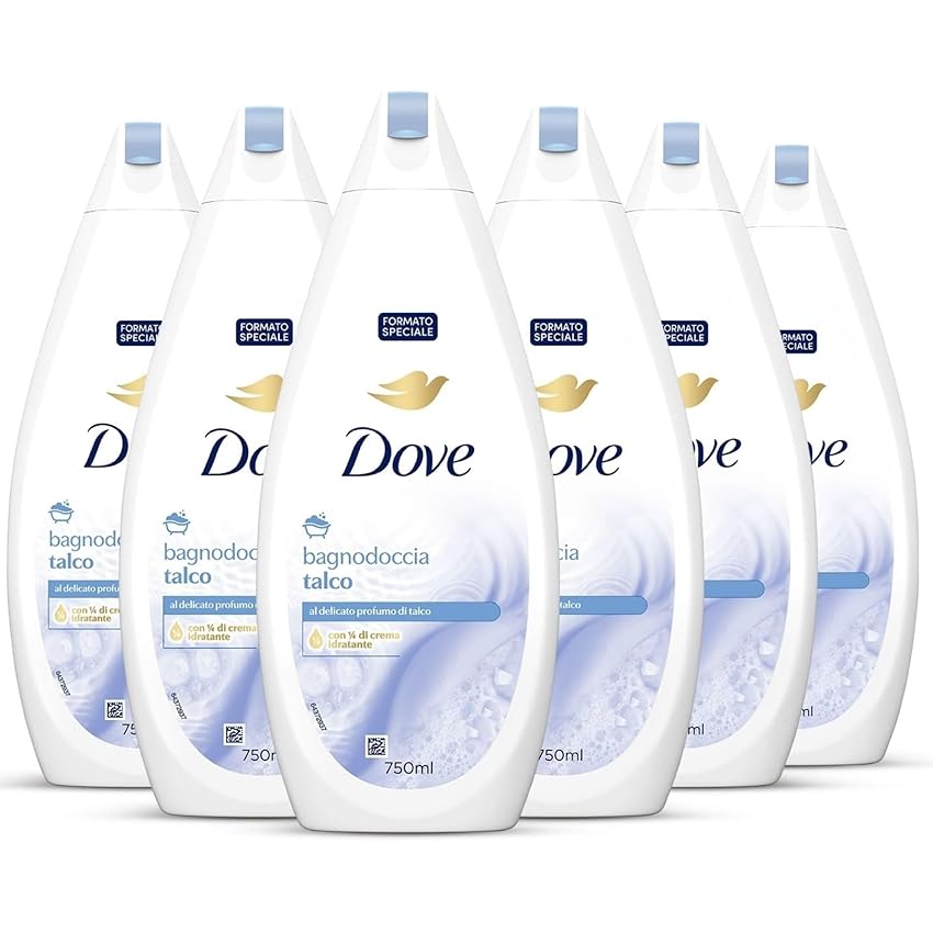 Dove Docciaschiuma Talco, Formula con Idratante Dermo-Naturale, con 1/4 di Crema Idratante, Dermatologicamente Testato, Bagnoschiuma Uomo e Donna, 100% Bottiglia Riciclata* 6 Pezzi x 750 ml