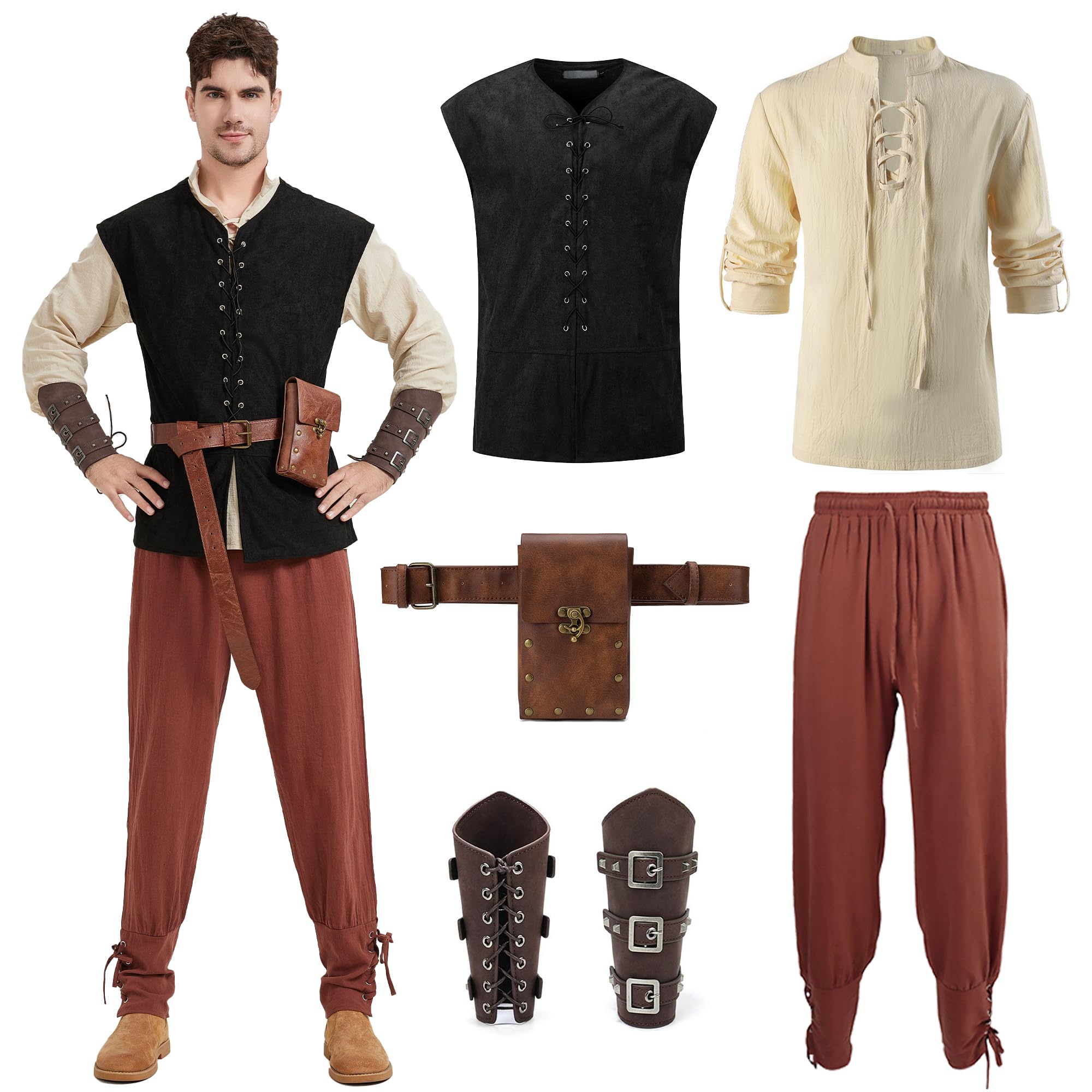 Dzorim Medieval Clothing Men's Set Renaissance Viking Pirate Costume Fancy Dress Costume Gilet Medievale, Shirt, Trousers, Belt and Other Accessories (Brown, 3XL)