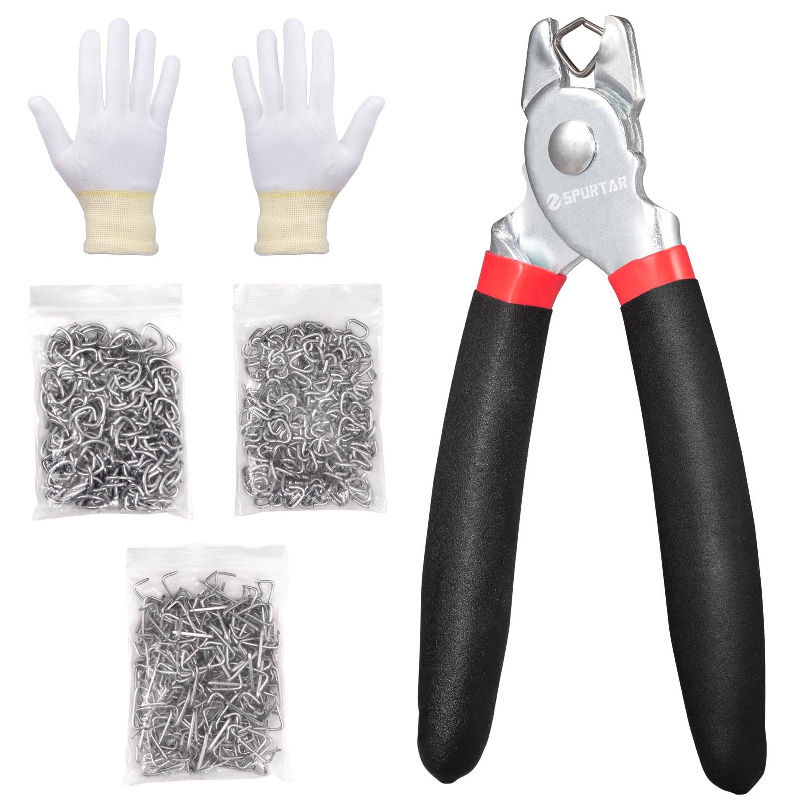 Spurtar Juego de alicates para anillas en recto con 360 anillas 3/4‘’ 1/2‘’ 3/8‘’ de acero A3 con resorte para cercas de tapicería, jaulas de animales, bolsas de red, trampas, etc.