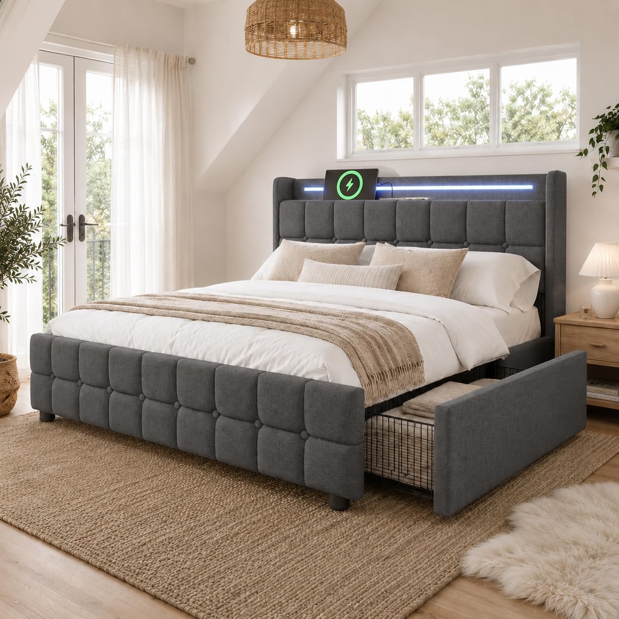Sapgaks Lit 160x200 avec Sommier LED et USB, Lit Coffre 160x200 avec Tete et 4 Tiroirs, Lit Double avec à Lattes et Espace de Rangement, Lit 2 Personnes Capitonné Cadre de lit(sans Matelas)