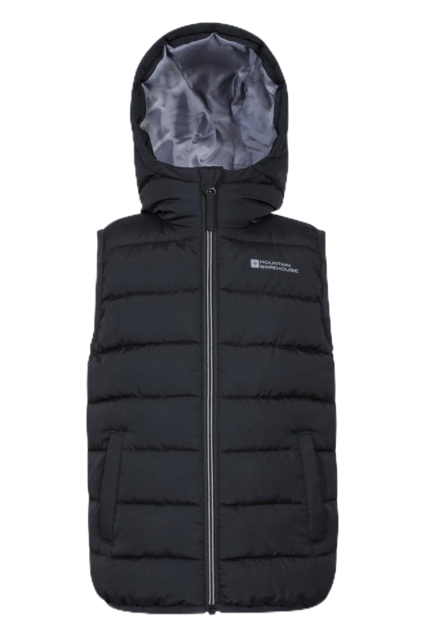 Mountain Warehouse Rocko Kids Water Resistant Hooded Padded Gilet Jet Black Kids Size 3-4 Years