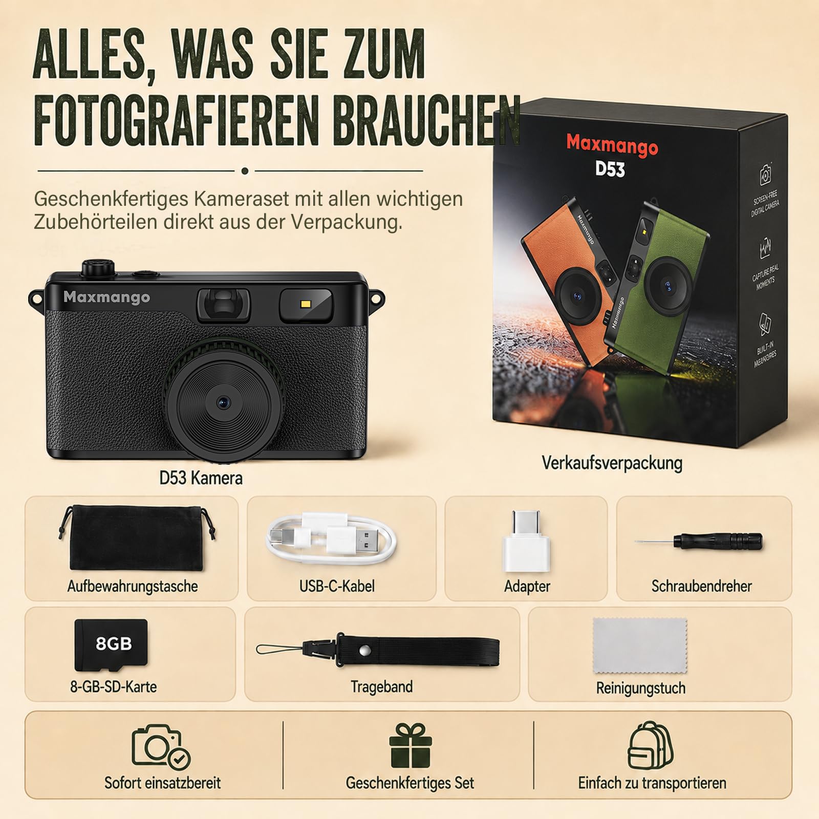 Maxmango D53 Retro Digitalkamera ohne Bildschirm, Einwegkamera-Ersatz, USB-C, 8GB SD-Karte, Schwarz