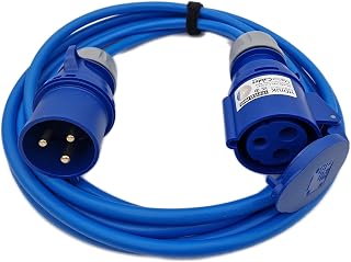 Mains Power Hookup Cable IP44 16 Amp CEE Plug to Coupler. Electric Extension Lead Blue - Made in the UK (Length 10 Metres)