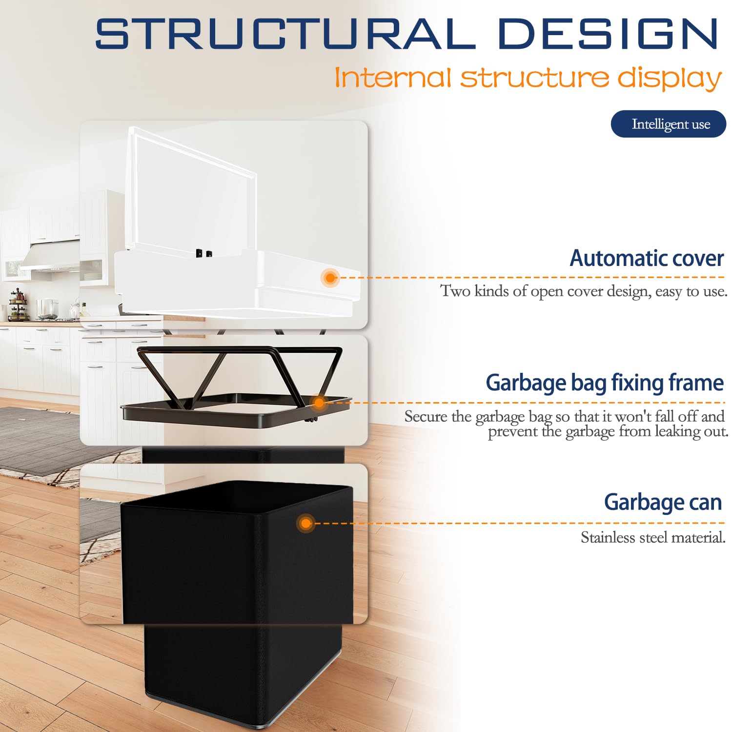 13 Gallon Trash Can Kitchen Trash Can with Lid High Capacity Automatic Garbage Can Stainless Steel Motion Sensor Trash Bin for Kitchen Bedroom, Black