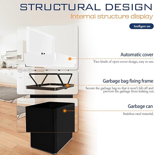 Miniatura 6 de Bote de basura de 13 galones con tapa, cubo de basura automático de alta capacidad con sensor de movimiento de acero inoxidable para cocina,