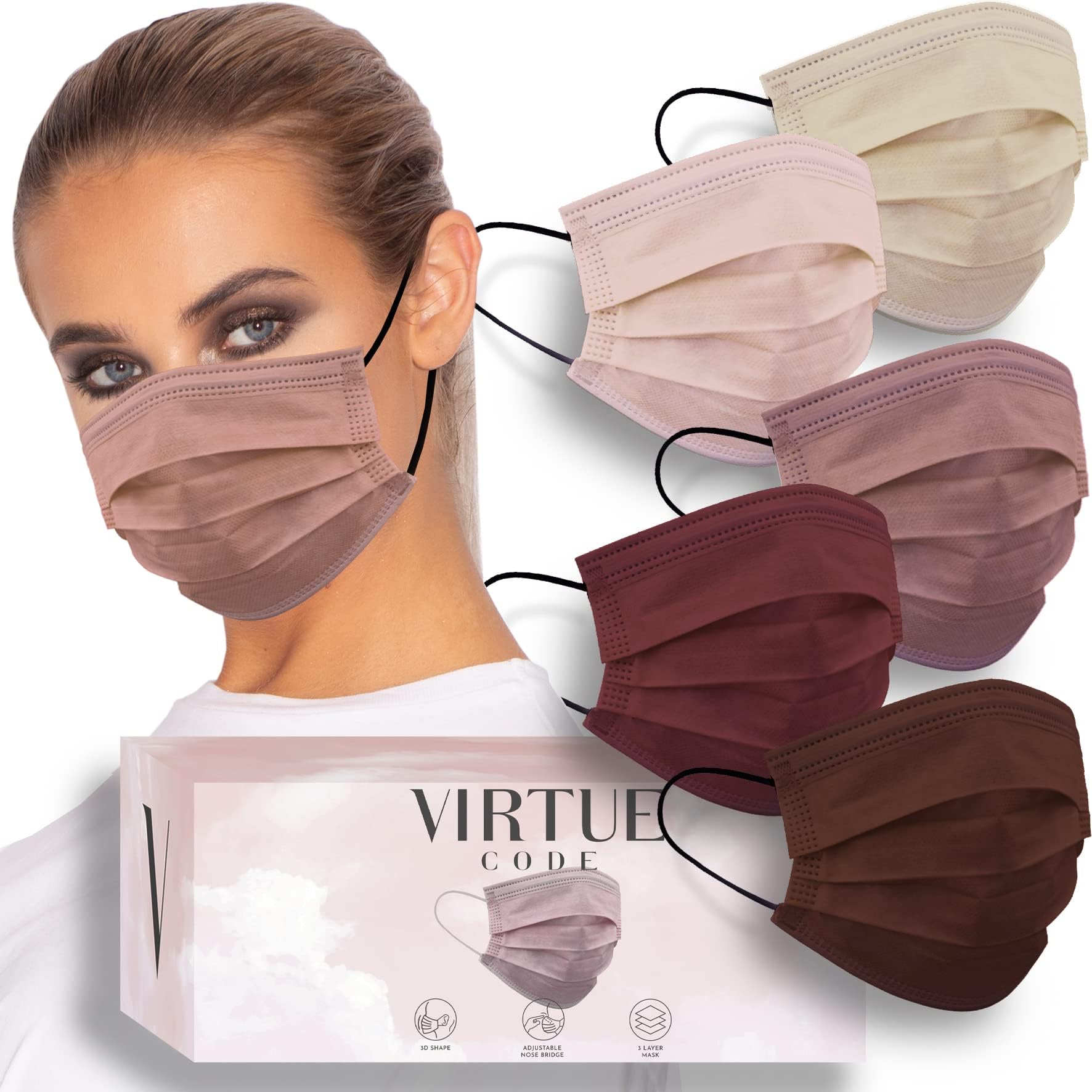 VIRTUE CODE Balance Face Masks - Soft 3 Ply Comfort Disposable Face Masks
