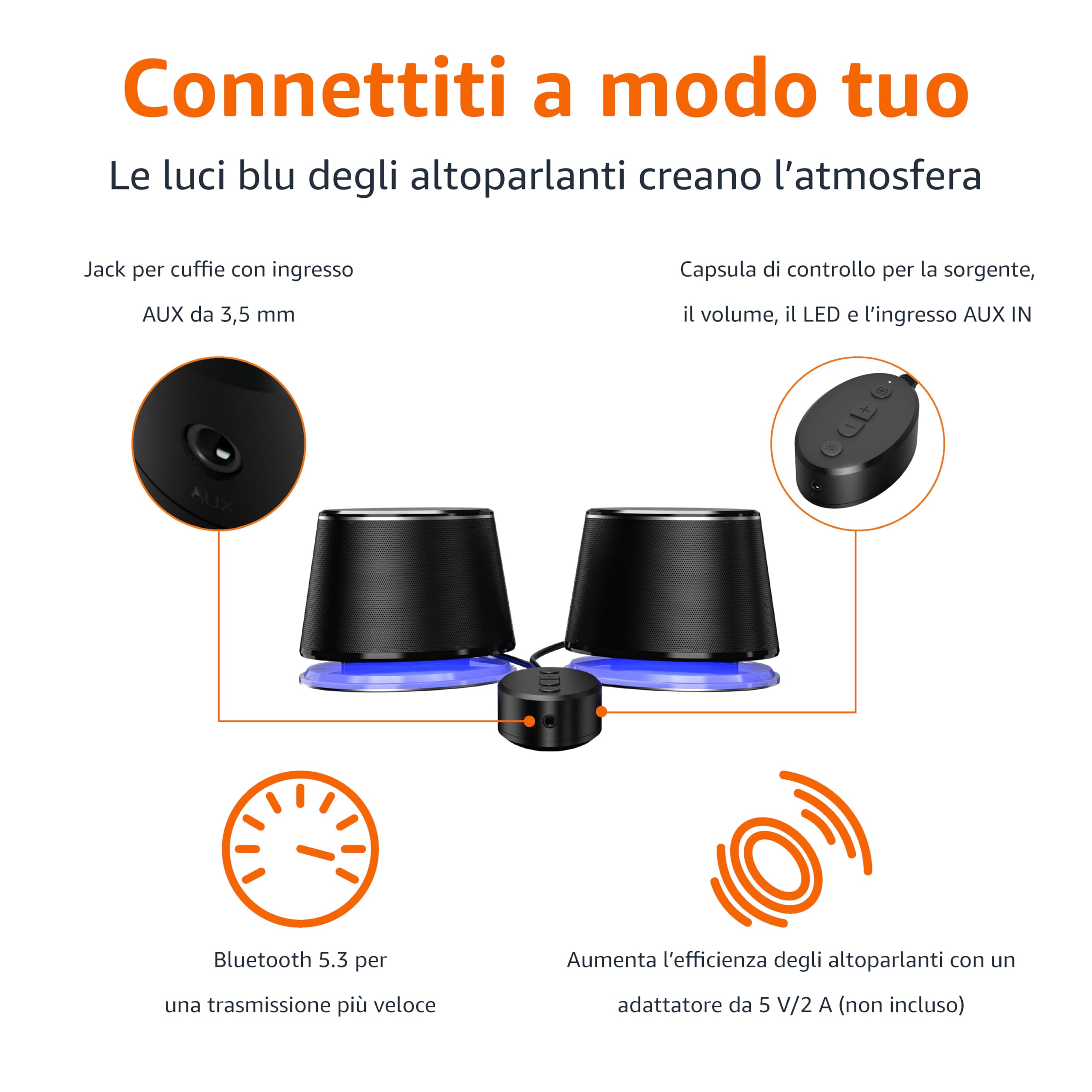 Amazon Basics Altoparlanti per computer Bluetooth e USB con luce blu, Grande, Nero