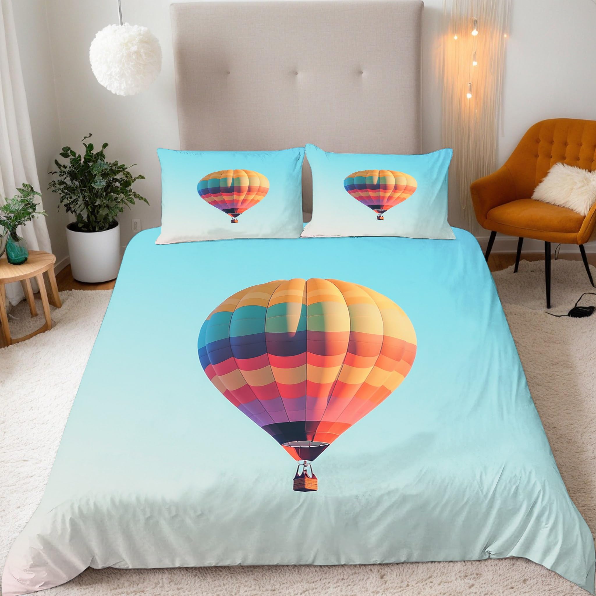Double Duvet Cover Set 3D Travel Hot Air Balloon Print Bedding Set 3 Pcs Quilt Cover 200x200 cm Microfiber Soft Breathable Comforter Cover + 2 Pillowcases With zip corner Ties Bedroom Decor