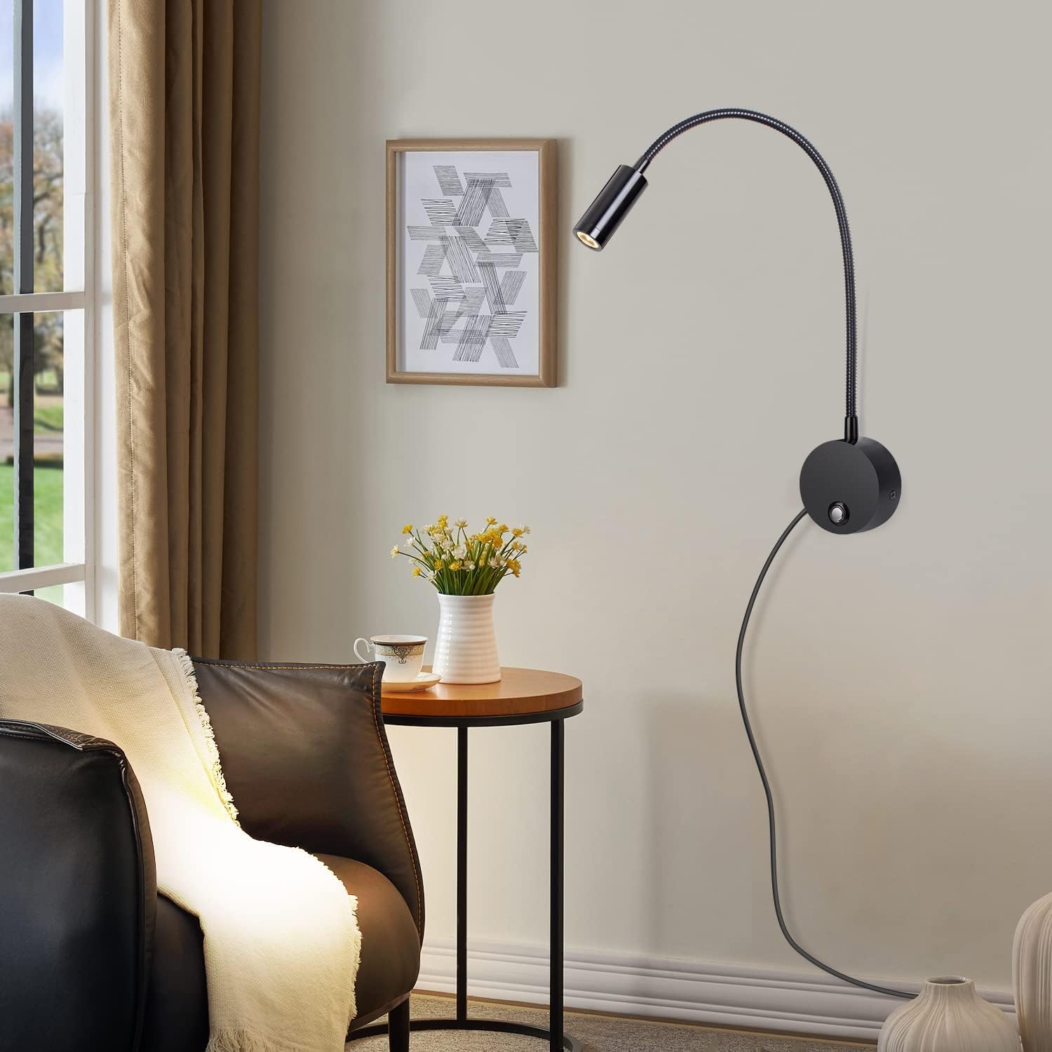 ERWEY Liseuse murale, Lampe de chevet murale LED avec interrupteur tactile dimmable et port de charge USB, 3W liseuse de lit pivotante à 360° avec prise et câble pour chambre, 3000-6000K, Noir