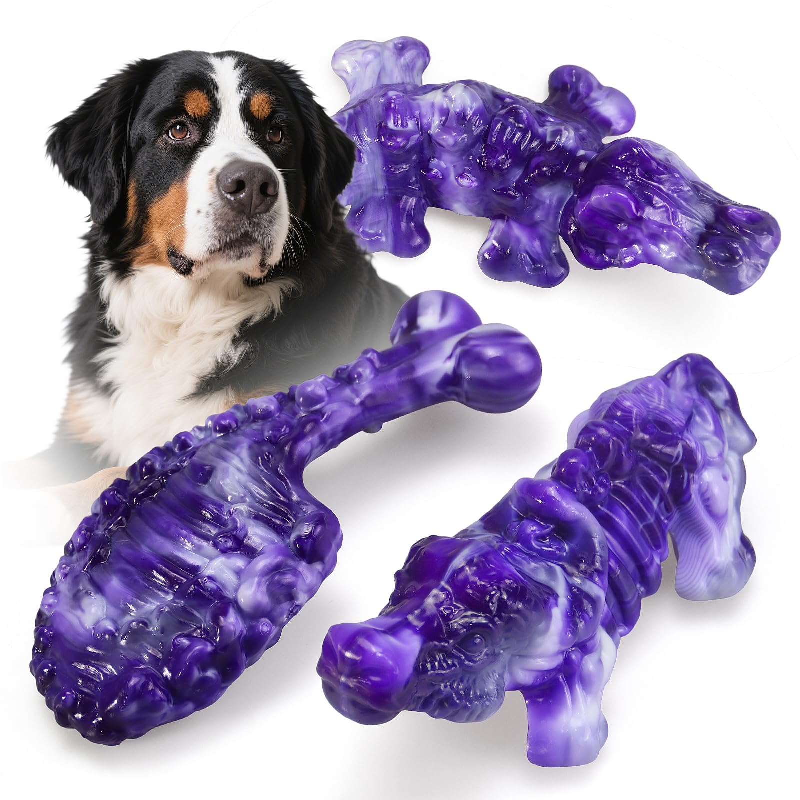 Large Dog Chew Toys for Aggressive Chewers,3 Tough Dog Toys for Medium and Large Breed, Real Bacon Flavored Best Dog Toys to Keep Them Busy, Reduce Boredom, Dog Bones for Teeth Cleaning (Purple)