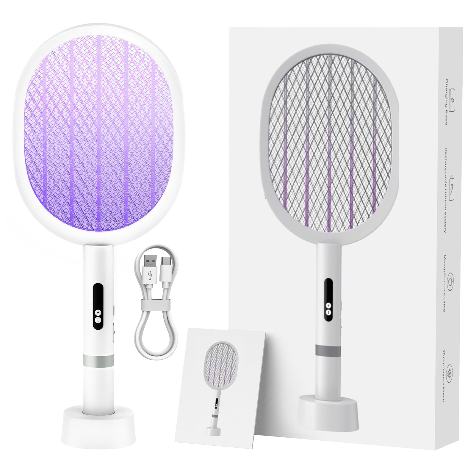 Photo 1 of **UNTESTED**
Electric Fly Swatter Racket, Upgraded 4000V Detachable Electric Bug Zapper with Dual Modes, Mosquito Zapper Racket with Type-C Rechargeable Base, Fly Killer for Indoor Outdoor, 1 Pack
