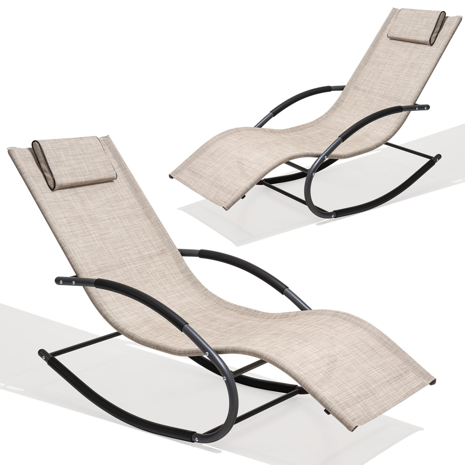 Mecedora de patio curvada con almohada para playa, patio, piscina al aire libre, interior, marco de acero gris (2 unidades, beige) 2