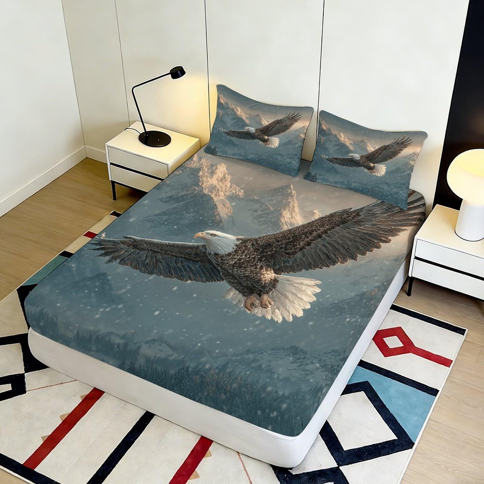 Lenzuolo con angoli con aquila stampato 3D, in microfibra, antiscivolo, decorazione per la casa | senza pieghe, coprimaterasso, facile da pulire, traspirante, lavabile, 180 x 200 x 25 cm