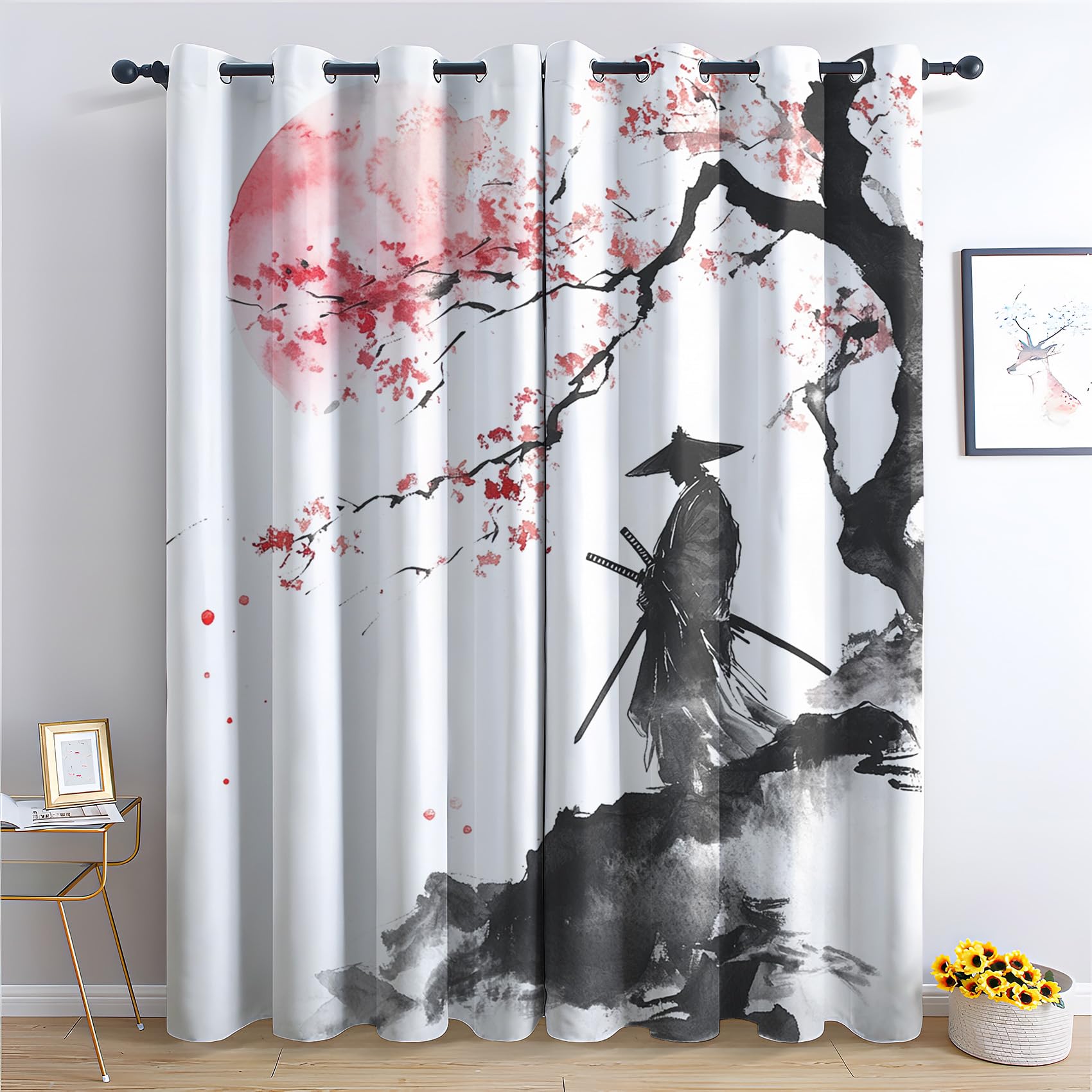 Rideau Occultant Japonais - Décoration Japonais, Rideau Thermique Motif Fleur de Cerisier Samouraï, Lot de 2 Rideaux Opaque à Oeillets pour Fenetre Chambre Salon, 140x240 cm (LxH)