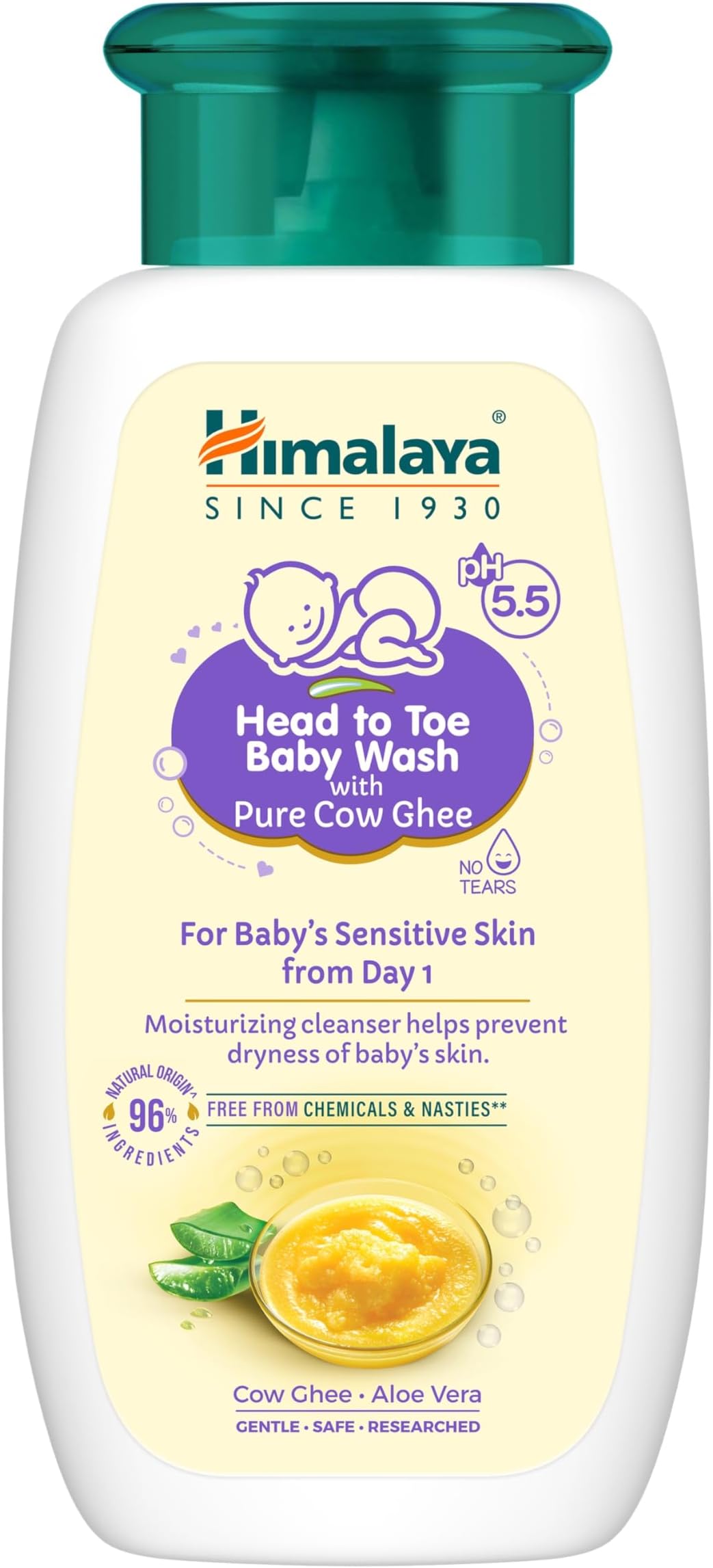Himalaya Head to Toe Baby Wash with Pure Cow Ghee & pH5.5 (100ml)| Moisturizing cleanser | No post-bath dryness | For baby's sensitive skin