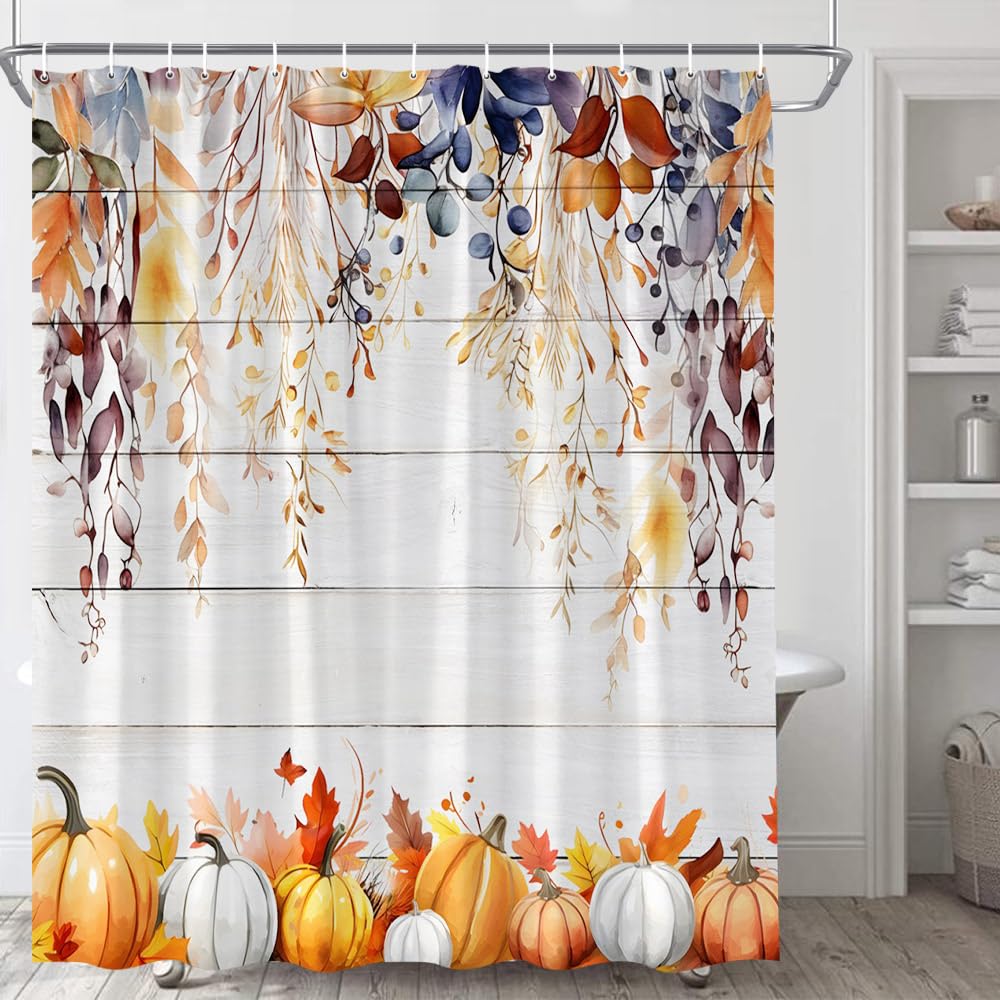 Fall Leaf Shower Curtain Autumn Watercolor Orange Eucalyptus Botanical Leaves Pumpkin Maple Floral Plant on Barn Wood Pank Thanksgiving Harvest Farmhouse Seasonal Fabric Bathroom Curtains with Hooks