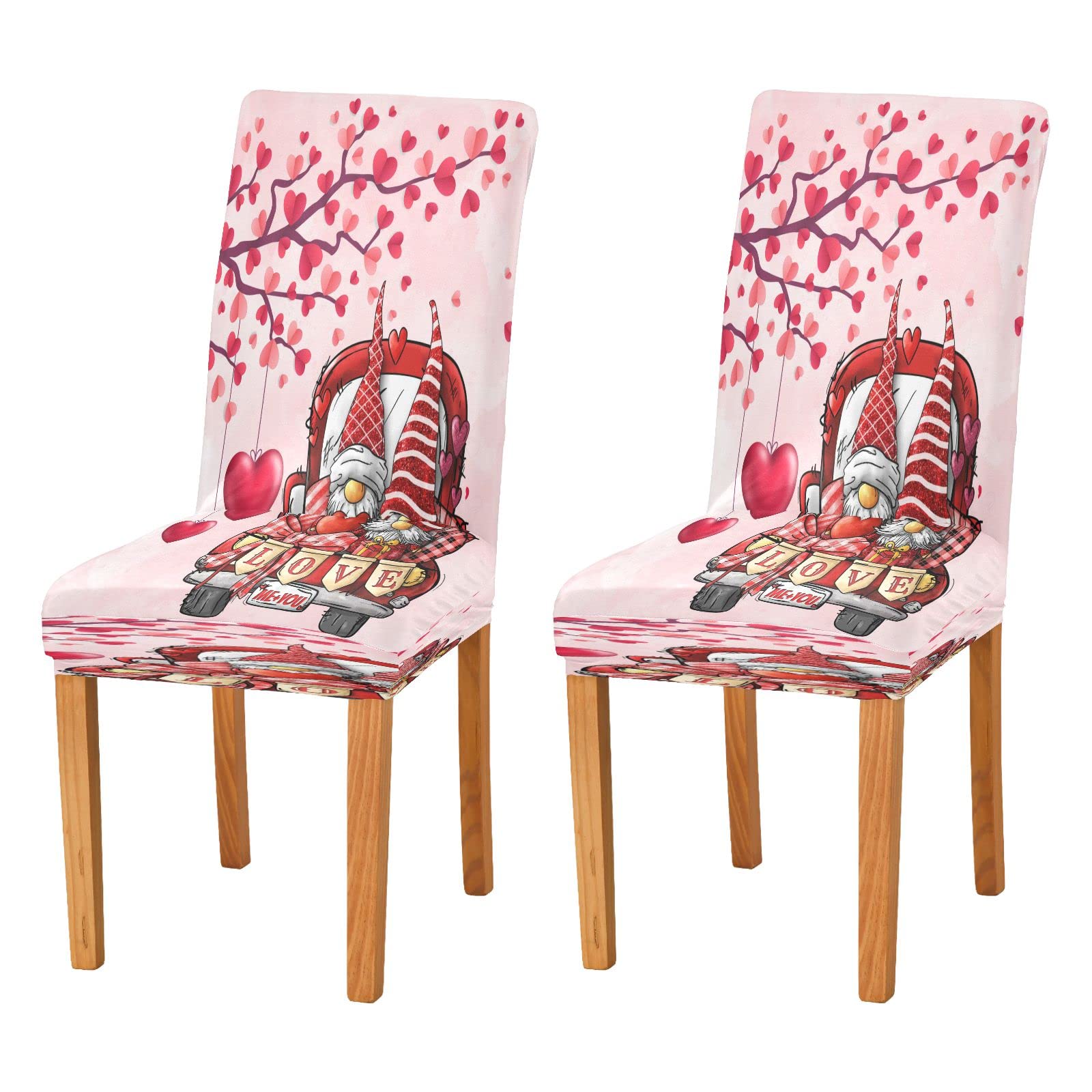 Valentines Gnomes Red Truck Dining Room Chair Covers Pink Love Hearts Chair Slipcovers Seat Protector Removable Washable Chair Cover For Home Kitchen Restaurant Hotel 4pcs