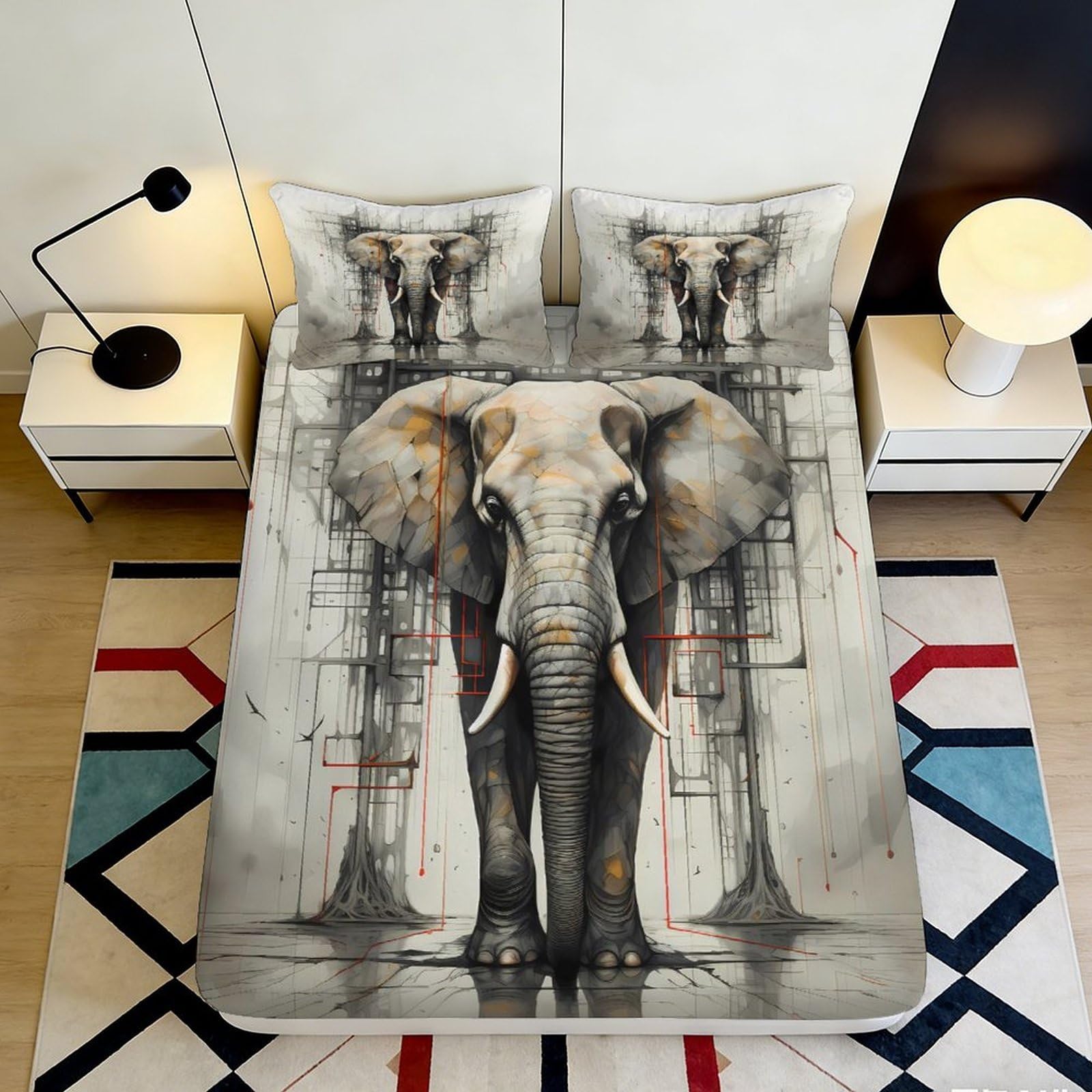 3D Printed Elephant Theme Fitted Sheet Microfiber Deep Pocket Elephant Mattress Fitted Cover Elastic Wrap for Bedroom 160x200x25cm