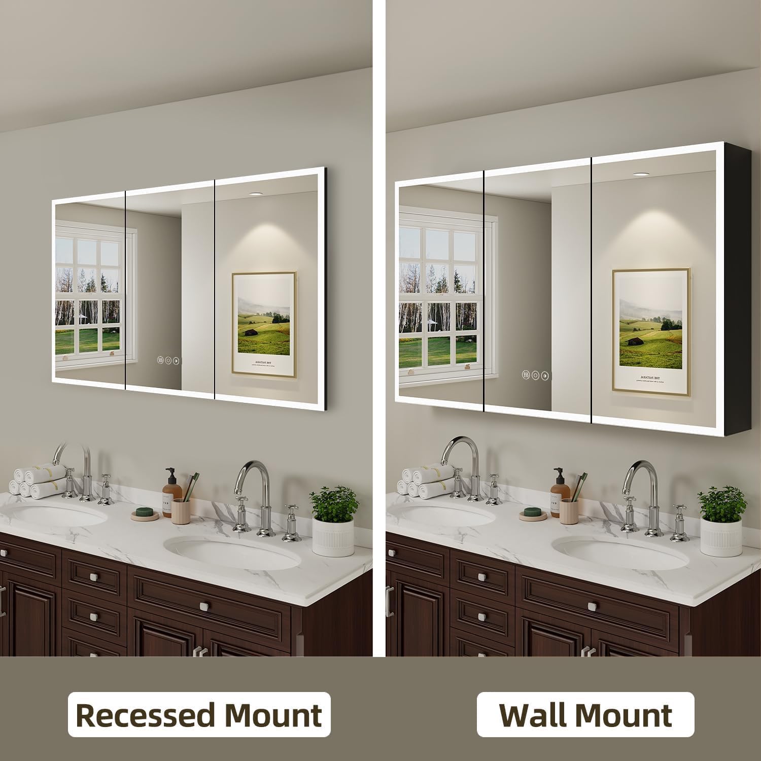 Buruis 60 x 32 Inch Medicine Cabinet with LED Lights and Mirror, Recessed/Wall Mounted Bathroom Cabinet, 3-Color Light, Defogger, Memory Function, Outlet & USB, Dimmer, Black 60'' x 32'' Triple Door