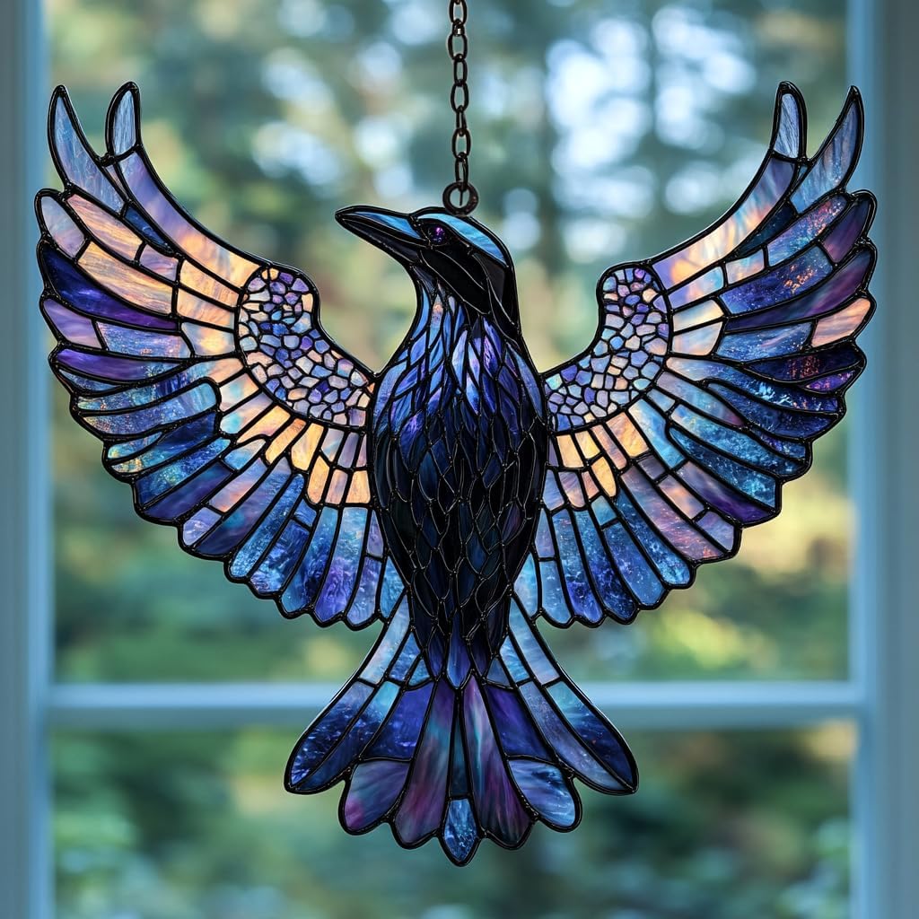Rising Raven Mosaic Effect Acrylic Suncatcher Stained Glass Effect Window Car Hanging Christmas Ornament Indoor Outdoor Decor Garden Sun Catcher Panel for Gothic Lover for Women Mom Grandma