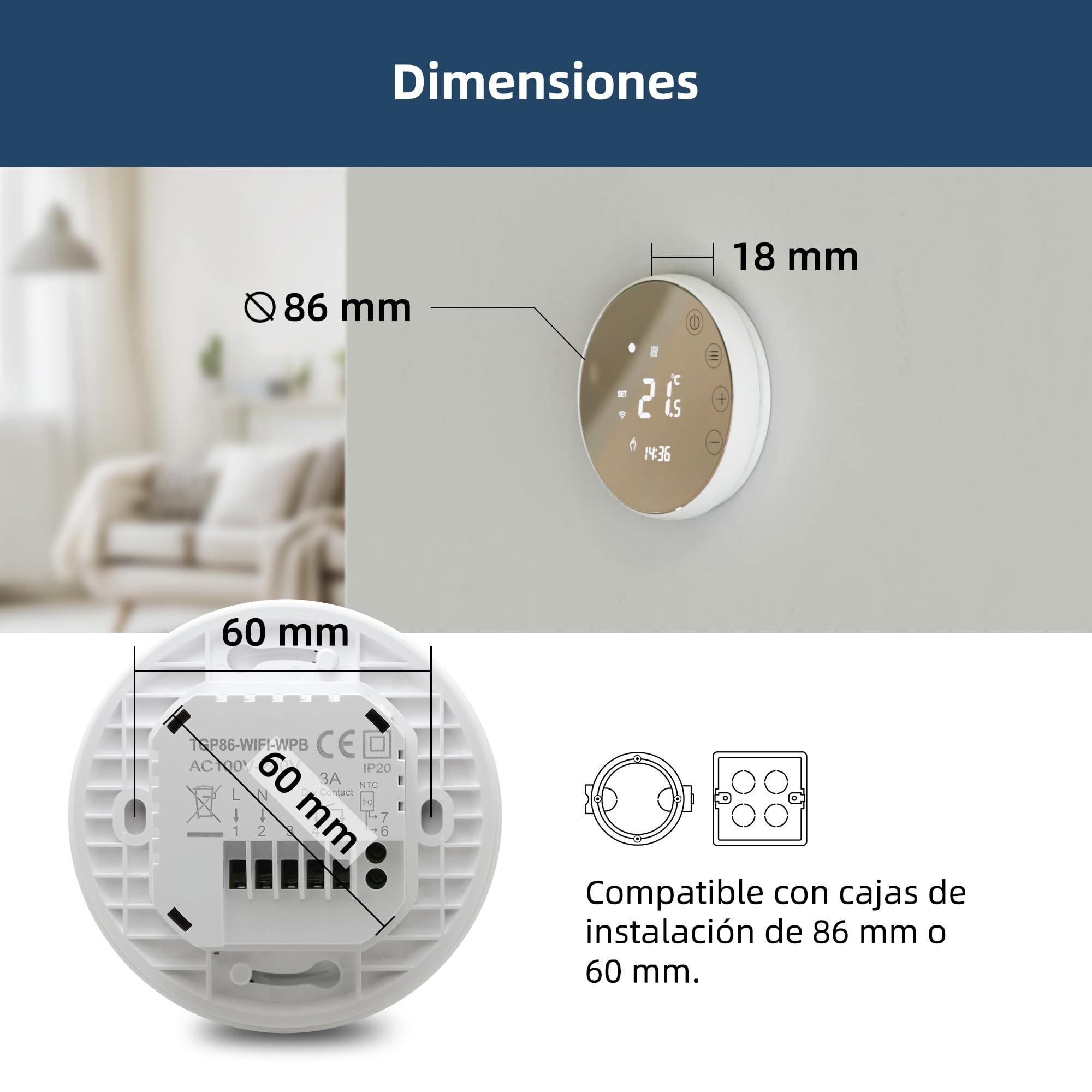 Termostato Wi-Fi para calderas de calefacción, con programación semanal y función de Control por Voz. Compatible con Google Assistant y Alexa, Compatible con la aplicación Tuya/Smart Life. TGR86 220V