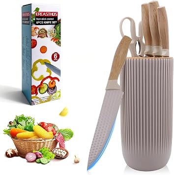 Knife Block with Knife - 6-Piece Kitchen Knife Set in Khaki with Non-Stick Coating Sharp and Ergonomic Ceramic Knife with Universal Stand for Home Restaurant Picnic