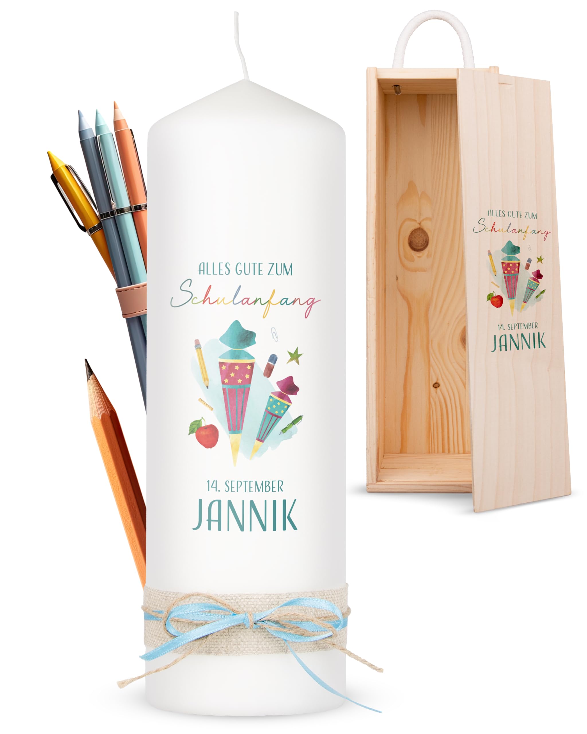 AMARI ® Schulanfangskerze personalisiert 25/8 cm - Individuelle Kerze mit Namen & Aufschrift zur Einschulung - Geschenk zum Schulstart