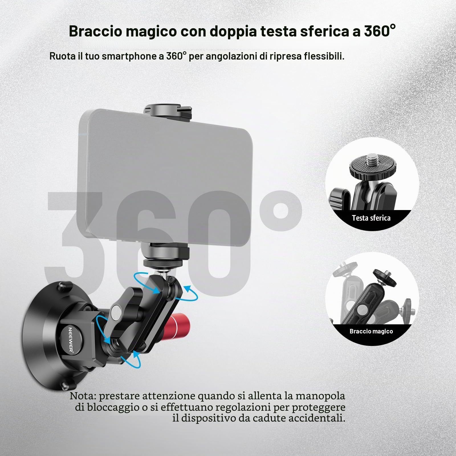 NEEWER Supporto Fotocamera a Ventosa da 3"+Magic Arm con Testa Sfera, Fori per ARRI 1/4", Supporto Auto con Porta Telefono e Adattatore Action Camera Compatibile con iPhone GoPro DJI Insta360, CA104