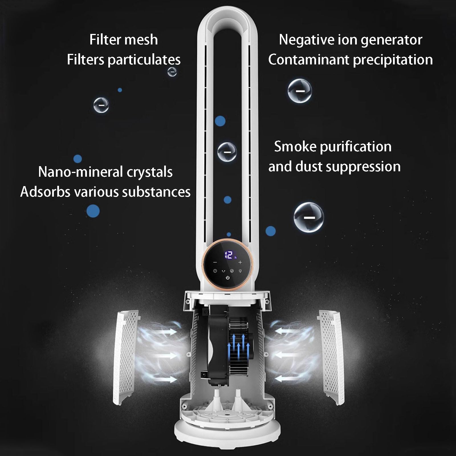Ventilador de torre sin aspas, enfriador de aire oscilante interior con control remoto, filtro de aire, temporizador de 12 horas, luz nocturna, 12 ajustes de velocidad para el hogar y la oficina