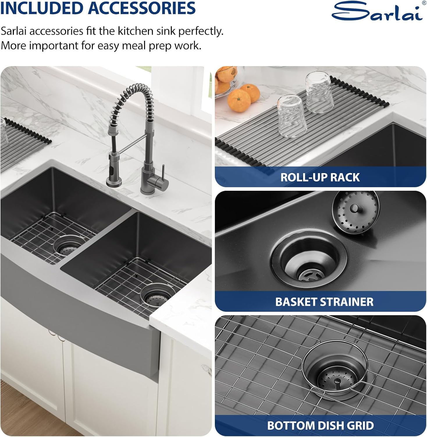 Sarlai Black Farmhouse Sink 33 Inch Double Bowl - 33x21 inch Apron Front Kitchen Sink Double Bowl 50/50 Gunmetal Black Stainless Steel 16 Gauge Round Corner Farm Farmer Kitchen Sinks