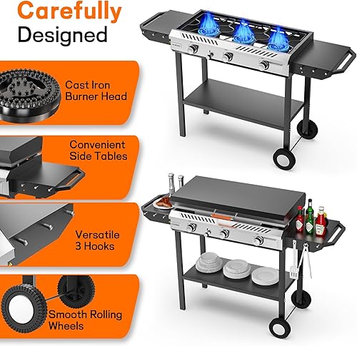 Miniatura 6 de Veralune Estufa y plancha de propano 3 en 1 con encendido y regulador, 225,000 BTU Potente plancha de gas portátil con estante de almacenamiento,