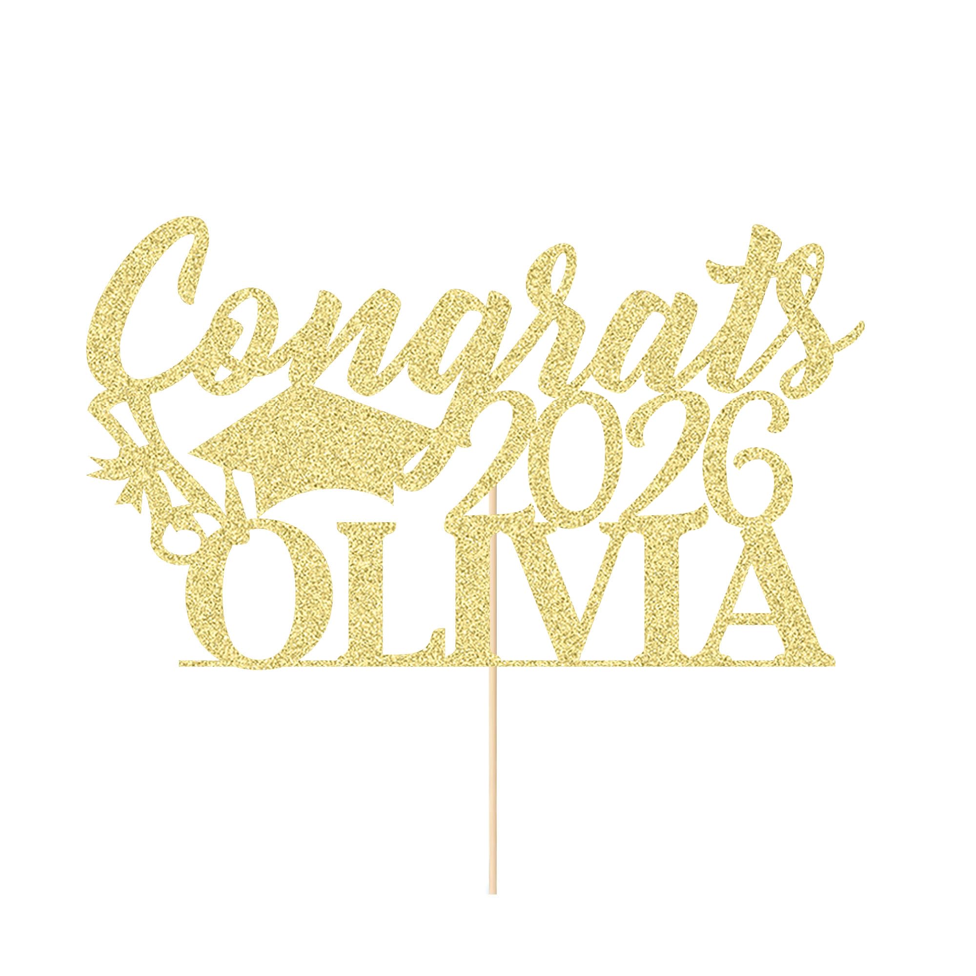 Personalised Cake Topper Custom Congrats Graduation Hat Student Class of 2026 Double Sided Glitter Card with Any Name (Champagne Gold)