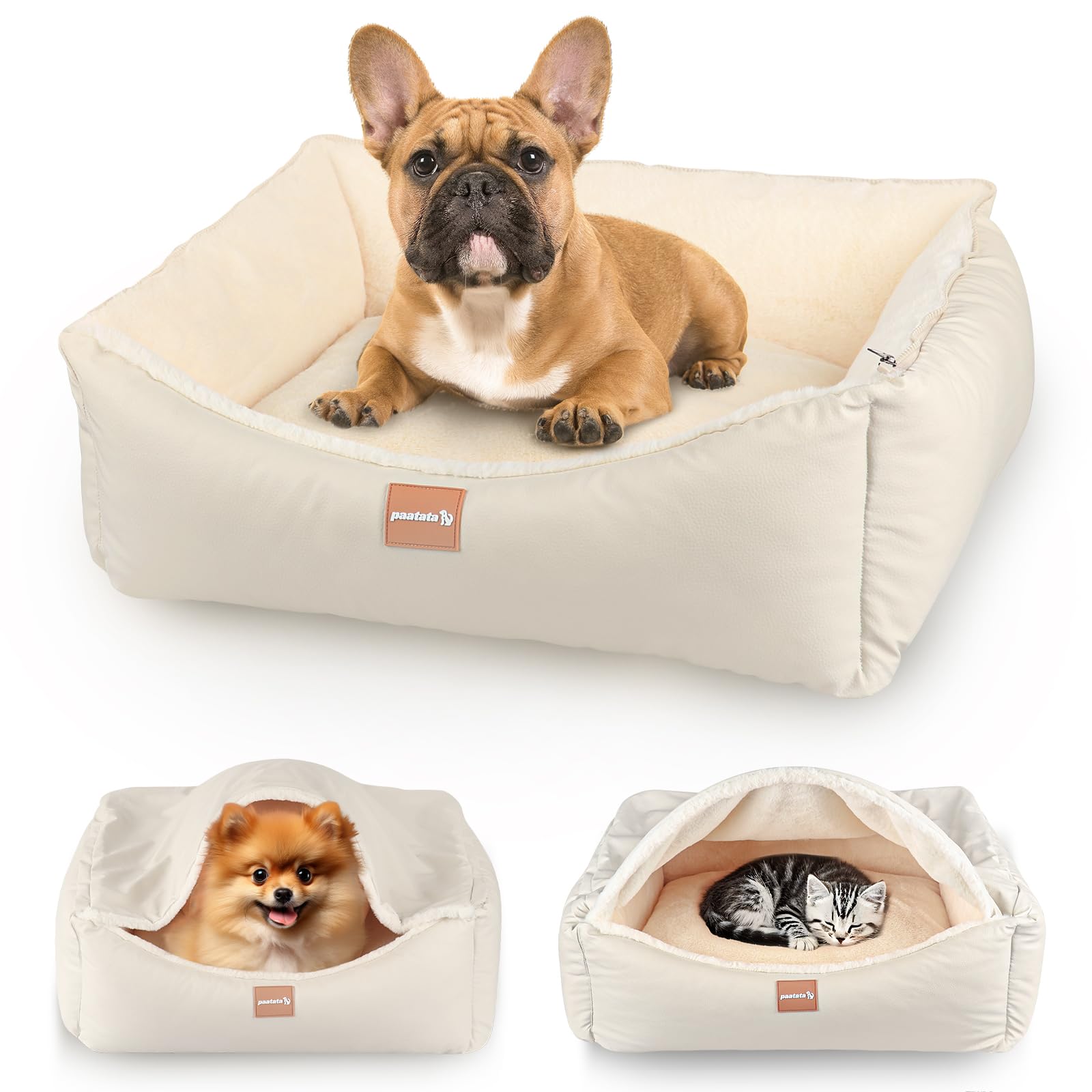 paatata Calming Dog Bed for Medium Dogs All-Season Leather Non-Slip One-Key Detachable Washable Dog Bed for Small Dogs