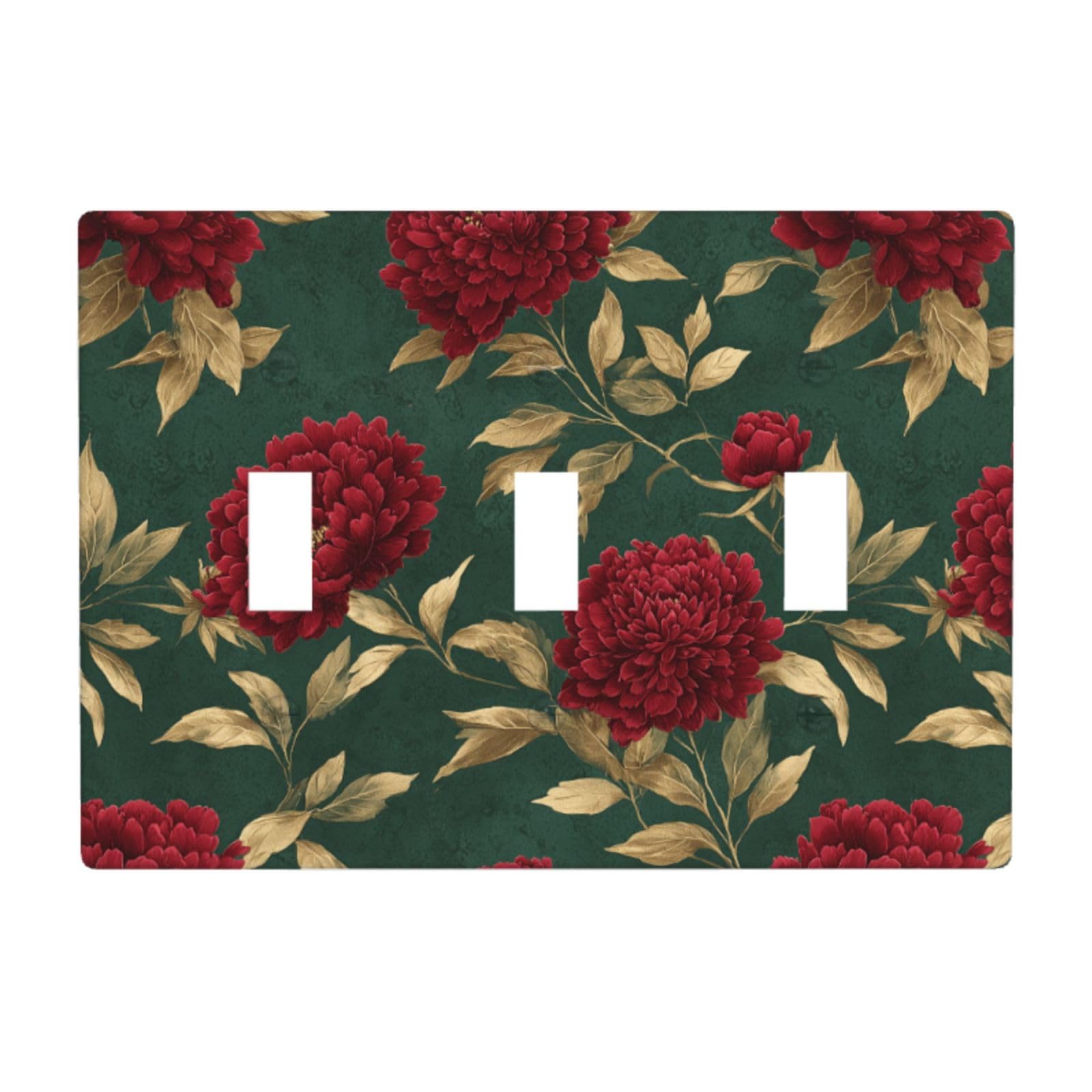Floral Pattern with Deep Crimson Peonies Light Switch Covers 3 Gang Triple Toggle Wall Plate Switchplate Electrical Faceplate for Bathroom Kitchen Bedroom Decor