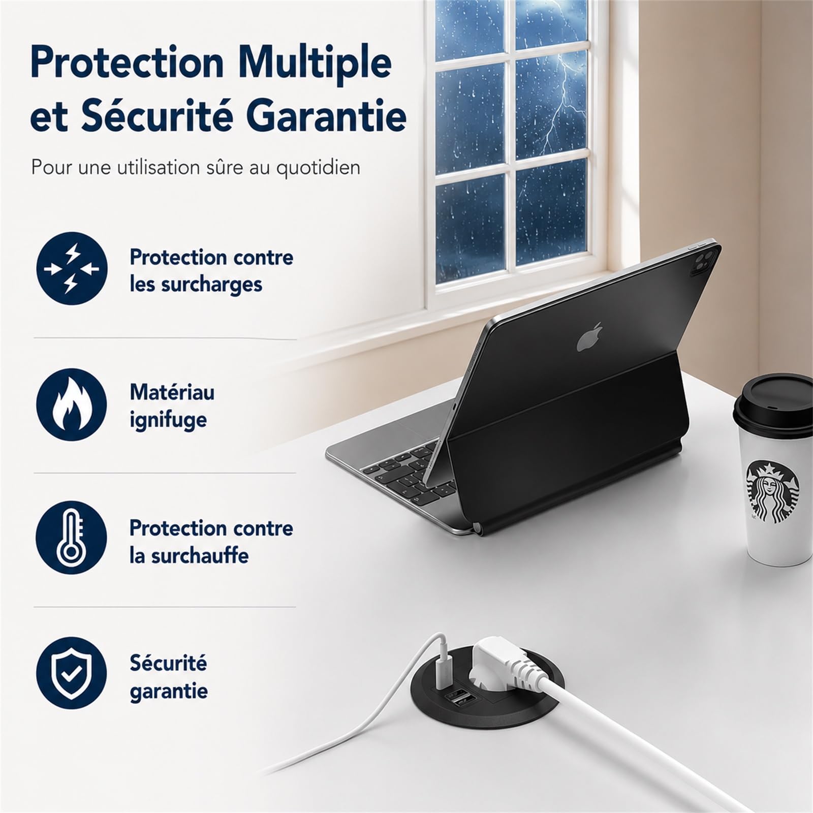 Presa da incasso per piano di lavoro, multipresa da scrivania con 1 presa 250 V/16 A, USB-C PD 20 W, 2 USB-A 18 W, Ø80 mm, cavo incorporato, cavo 2 m, nero