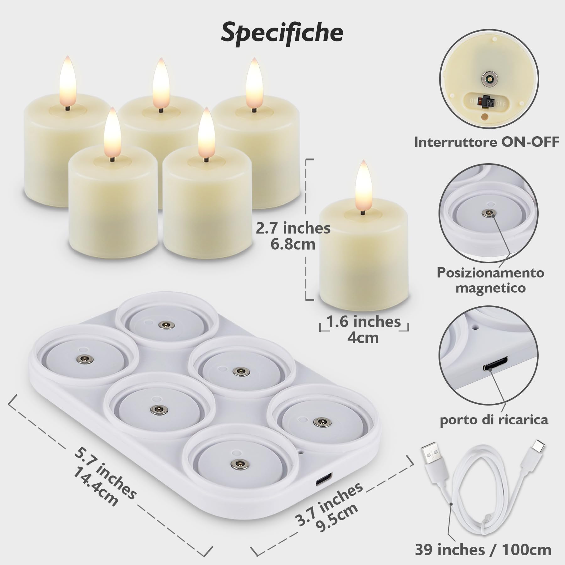 Rhytsing 6 Avorio Candele Votive Ricaricabile con Timer per La Casa Déco, Candele LED Tealight a Batteria con Base di Ricarica, Cavo da USB-C e Telecomando inclusi - Ø 4cm x H 6,8cm