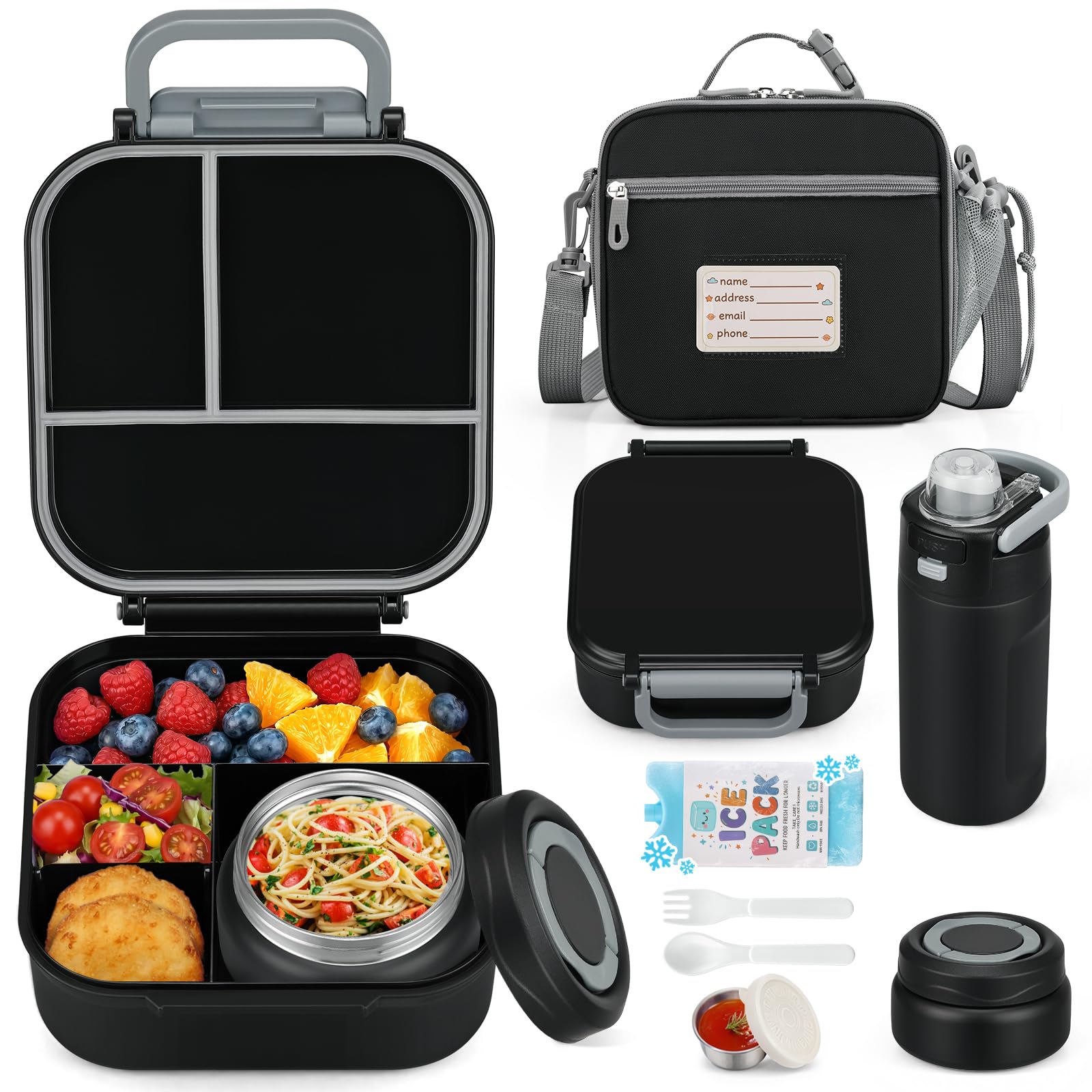 Photo 1 of Itslife Bento Box for Kids Set, Insulated Food Container,Kids Lunch Box, 7 oz Thermos for Hot Food, 12 oz Thermos Water Bottle, Reusable Insulated Ice Bag & Fork Spoon Utensils Camping Travel Black