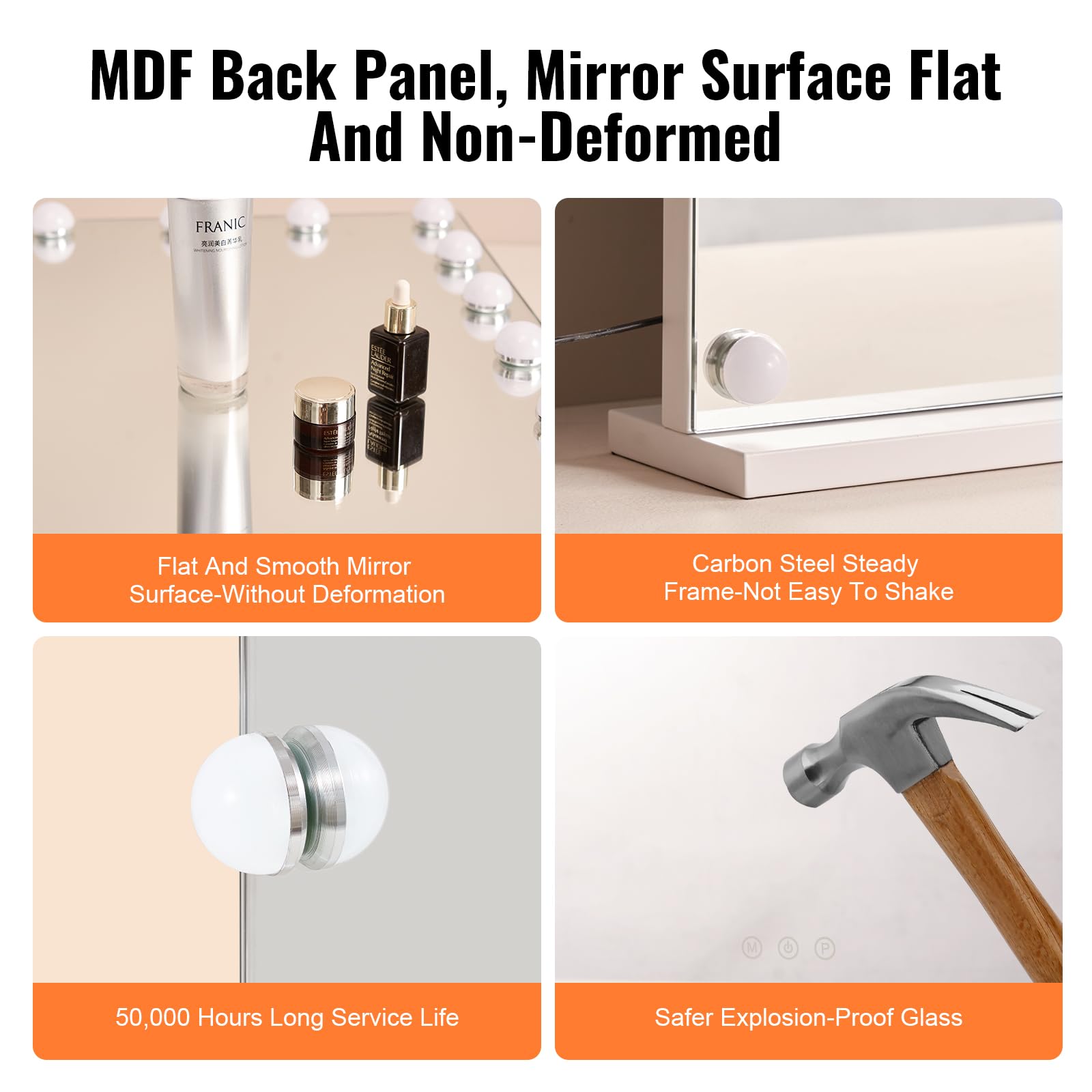 VEVOR Miroir de Maquillage Hollywood avec 15 Ampoules LED Intensité Variable, 3 Modes Éclairage de Couleur, Miroir Grossissant 5X Amovible, Port USB, Contrôle Tactile Intelligent, Support, 580x458 mm