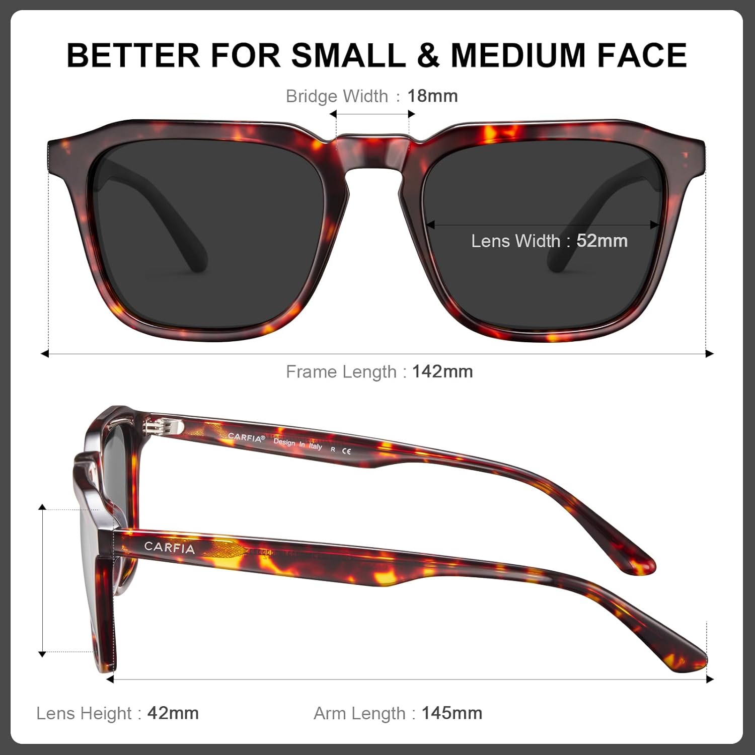 CARFIA Retro Sunglasses for Men Polarized UV400 Protection, Hand-crafted Acetate, 60s Style Square Cool Sun Glasses - Image 5