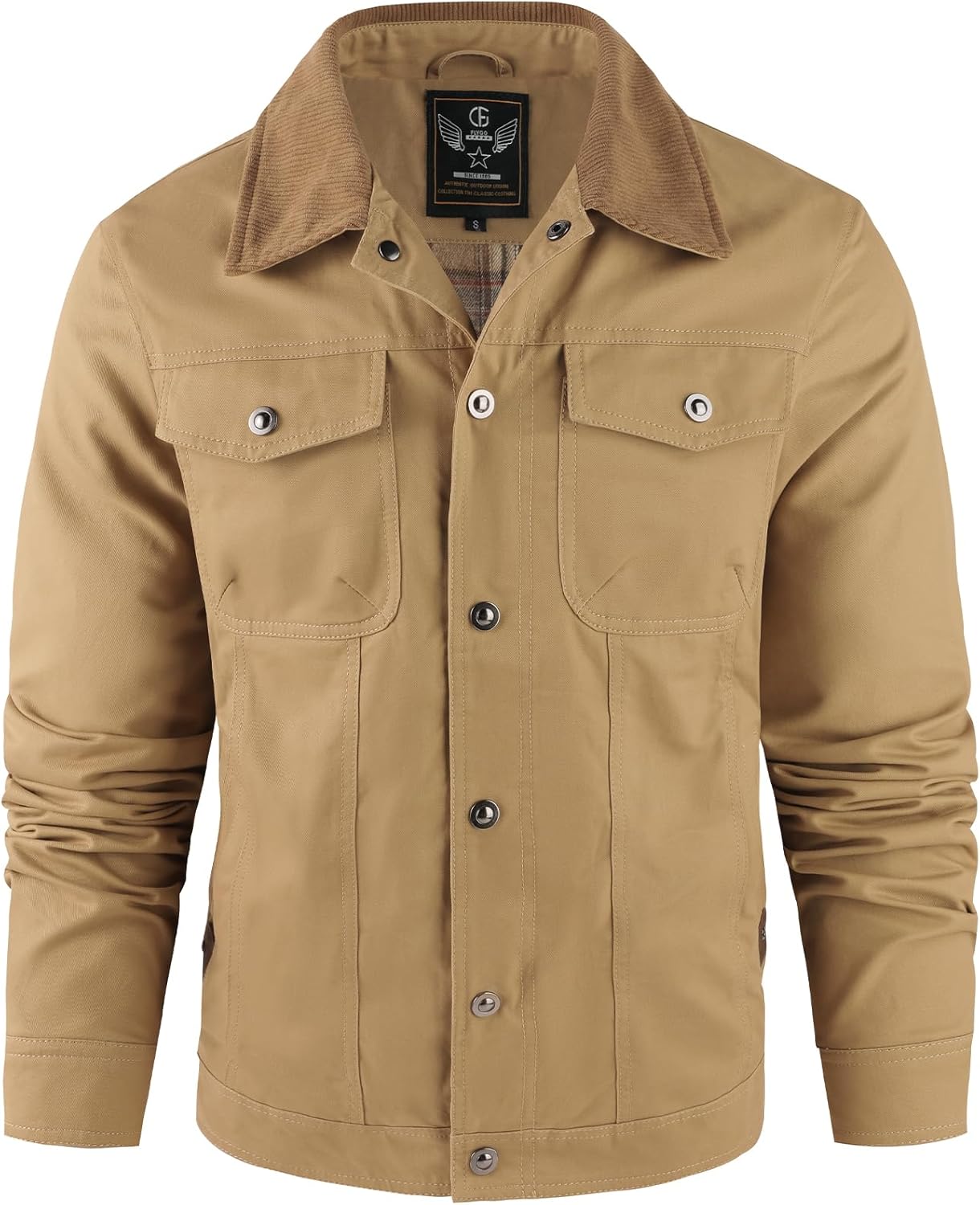 Flygo Mens Flannel Lined Shirt Jacket Cotton Corduroy Turndown Collar Snap Button Rugged Cargo Trucker Jacket Multi Pockets - Image 3