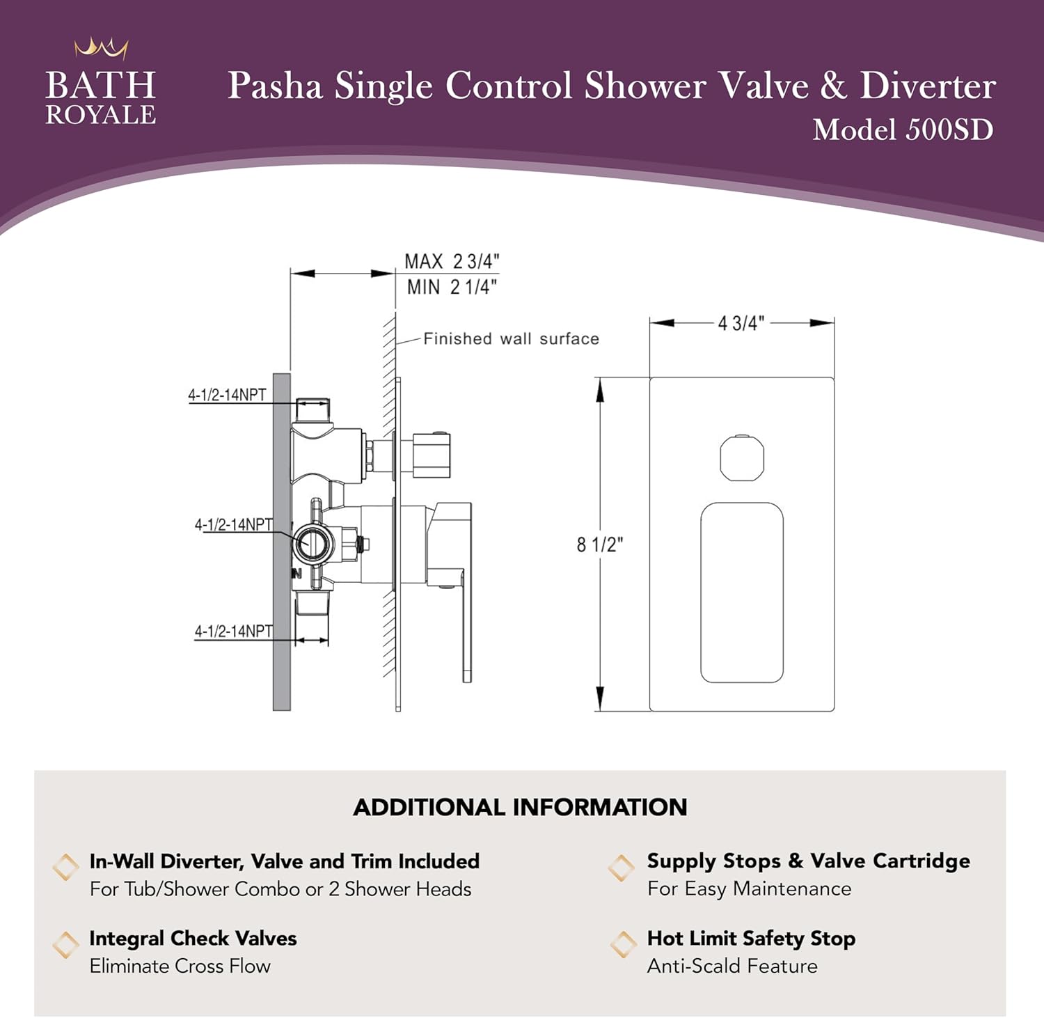 Bath Royale Pasha Pressure Balancing Shower Valve with Diverter - All Metal, Anti-Scald, Polished Chrome