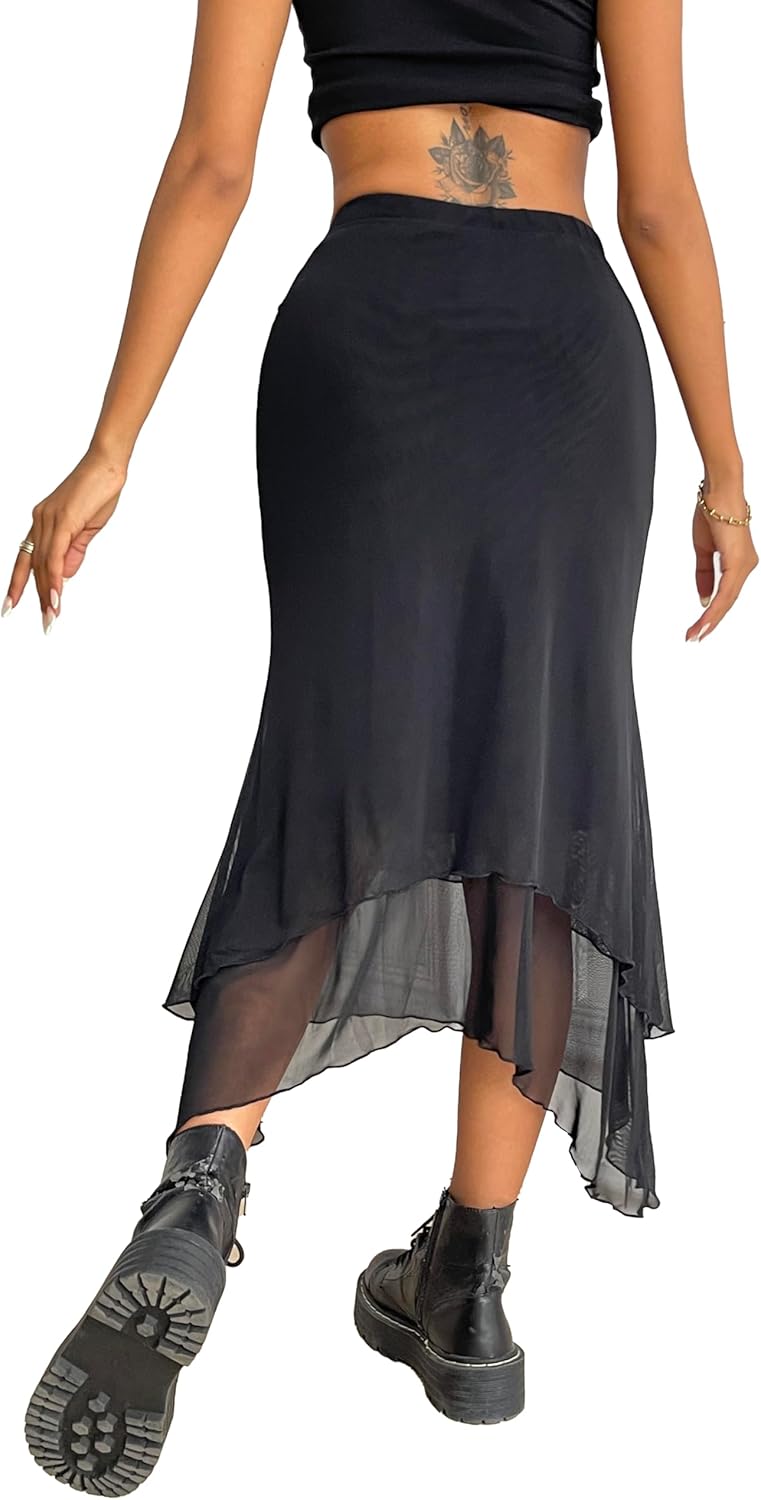 Avanova Women Mesh Asymmetrical Mermaid Midi Skirt High Waist Fishtail Long Skirt - Image 2