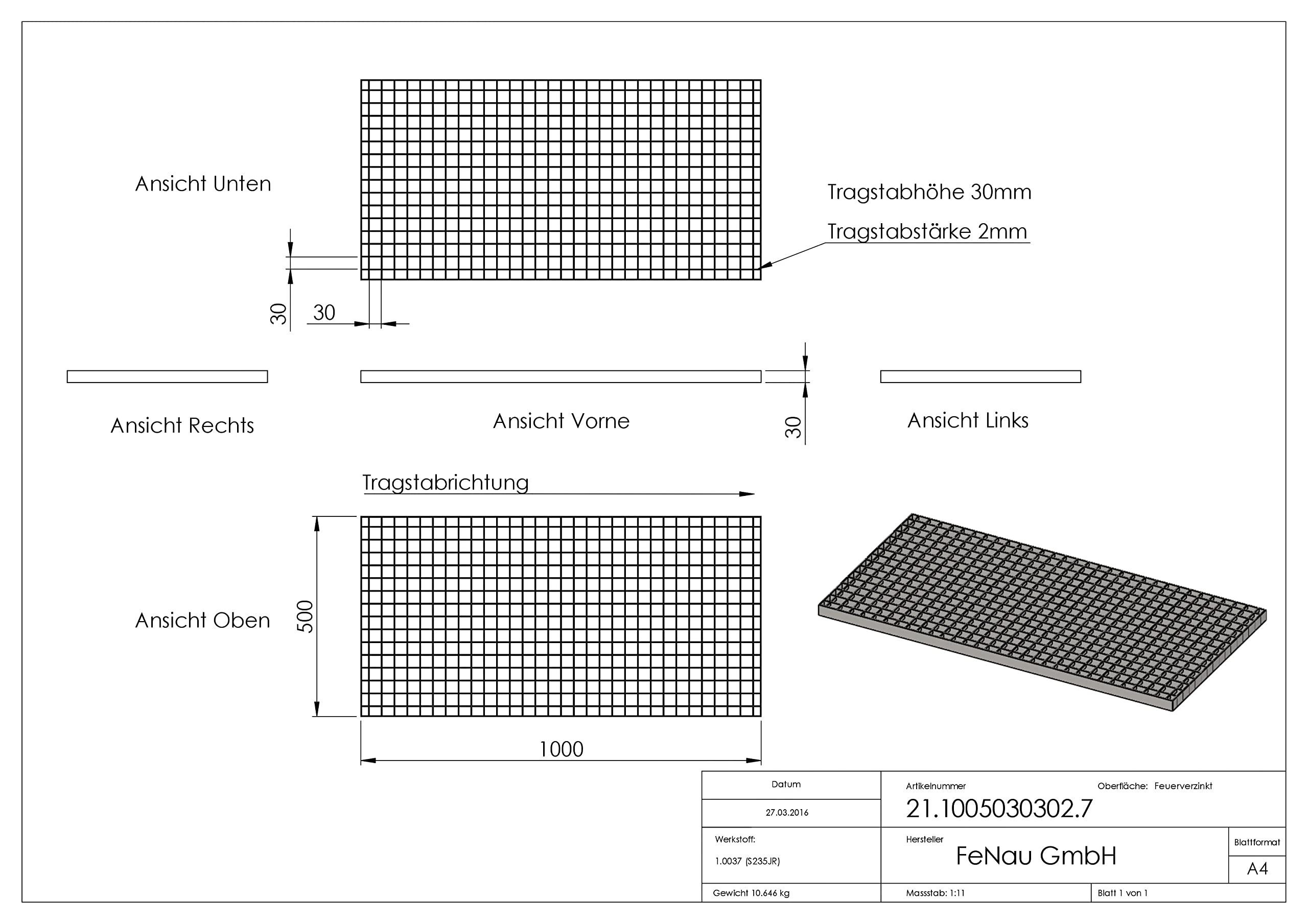 Fenau - Industrie-Rost, 1000 x 500 x 30 mm, MW: 30/30 mm, Materialstärke: 2 mm - Radlast: 1,52 kN/Flächenlast (m²): 7,84 kN, feuerverzinkt, Pressrost, Gitterrost oder Garagen-Rost, Stab-in-Stab