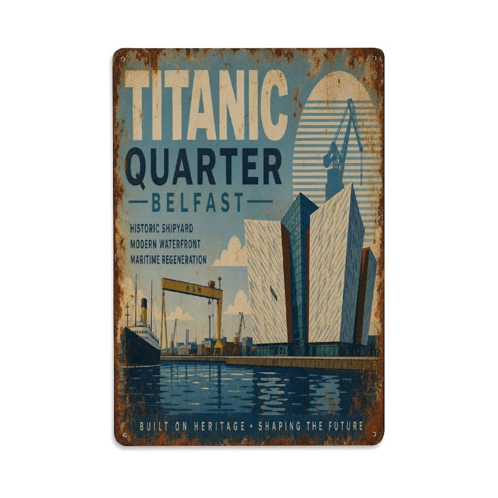 Belfast Maritime Quarter District Heritage Travel Metal Tin Sign Plaque Wall Decor for Cafe, Man Cave, Club Bar, Office, Home Garden Round Metal Poster 8x12Inch