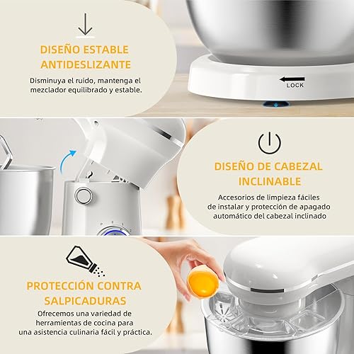 Miniatura 3 de Batidora eléctrica de pie, batidora de alimentos de cabeza inclinable de 10 velocidades, batidora de cocina 3 en 1 para cocineros diarios con cuenco
