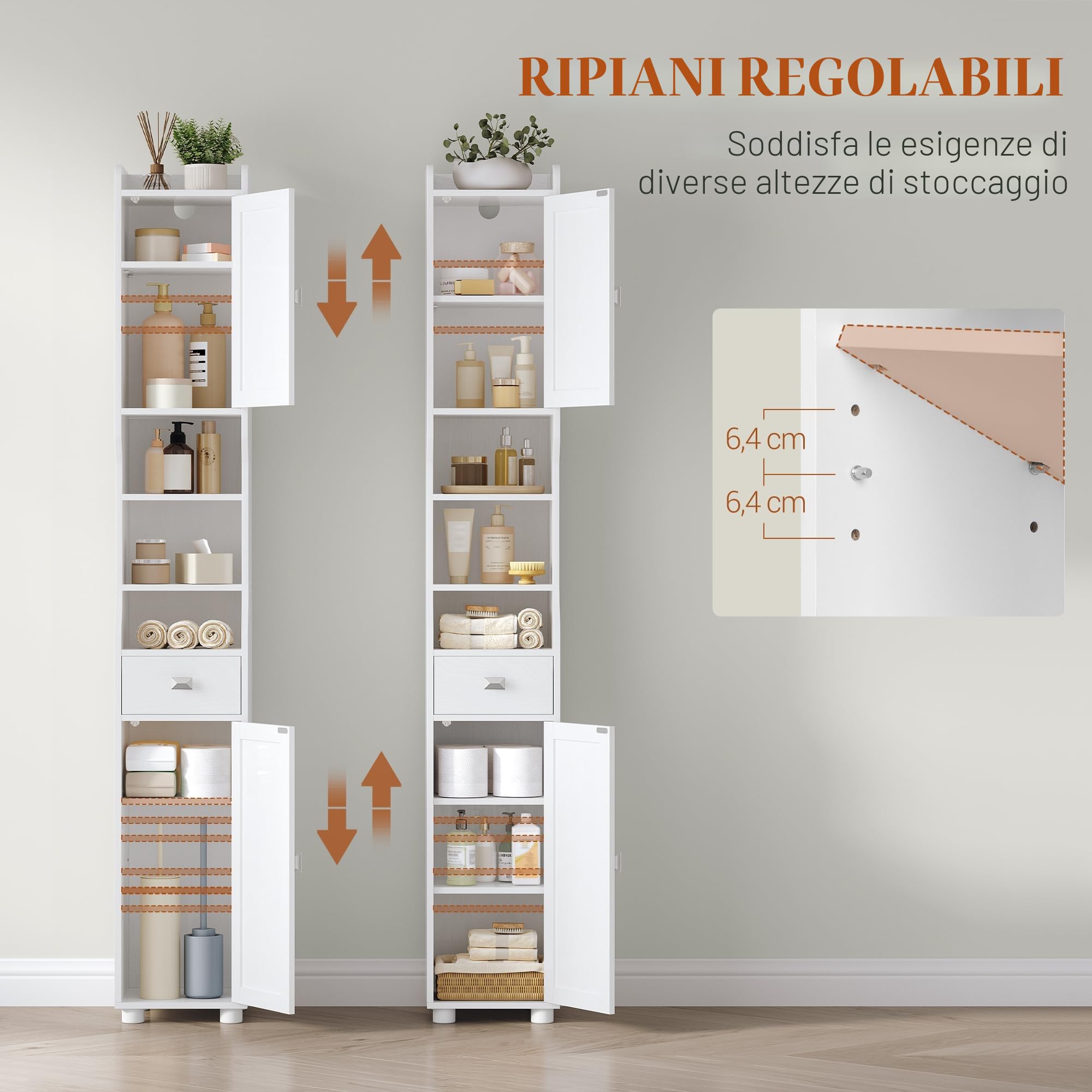 HEXCELEN Mobile da Bagno, Mobile da Bagnos Alto con 2 Ante e 1 Cassetto, Ripiano Regolabile, Scomparti Aperti, Mobiletto Bagnos Salvaspazio, per Bagno Soggiorno Camera da Letto 28 x 28 x 180 cm Bianco