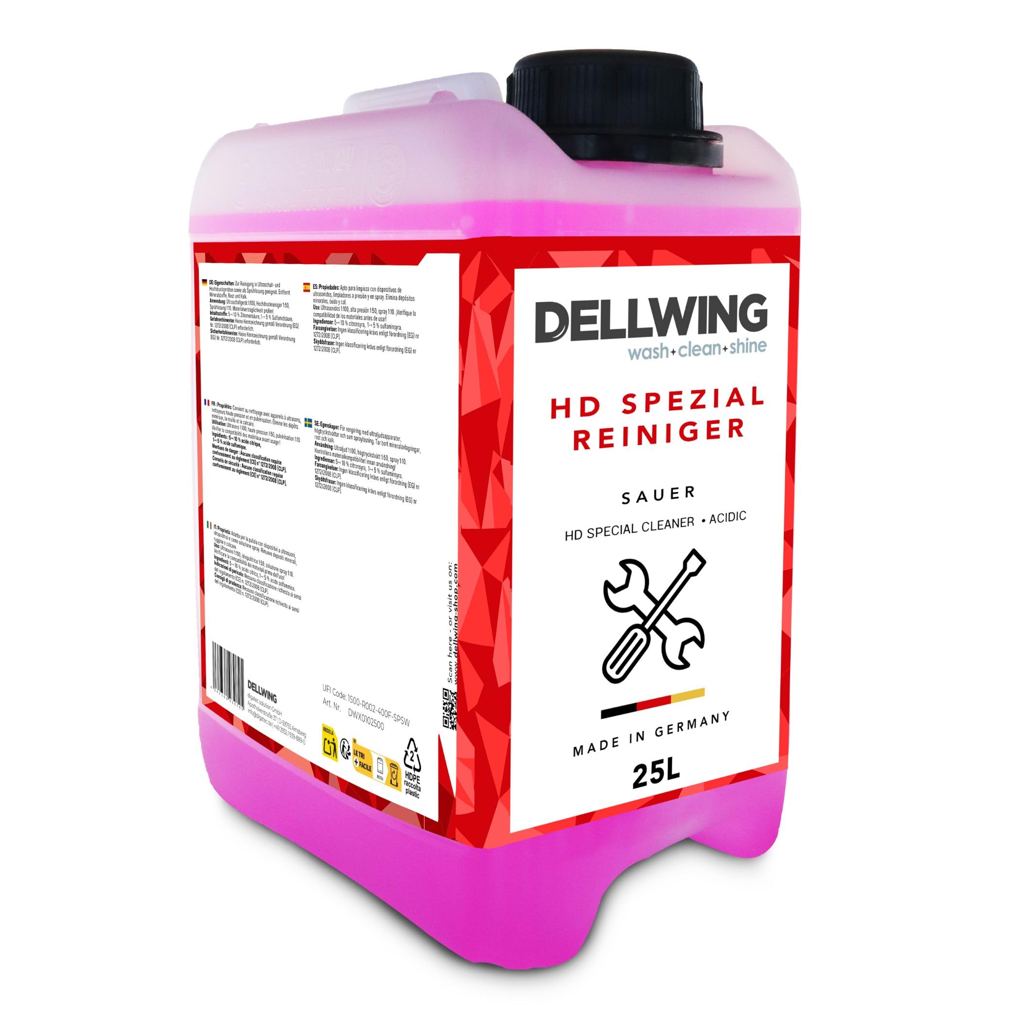 Dellwing Limpiador especial HD 25 l, concentrado de limpieza ácida para aluminio y metales no ferrosos, fabricado en Alemania
