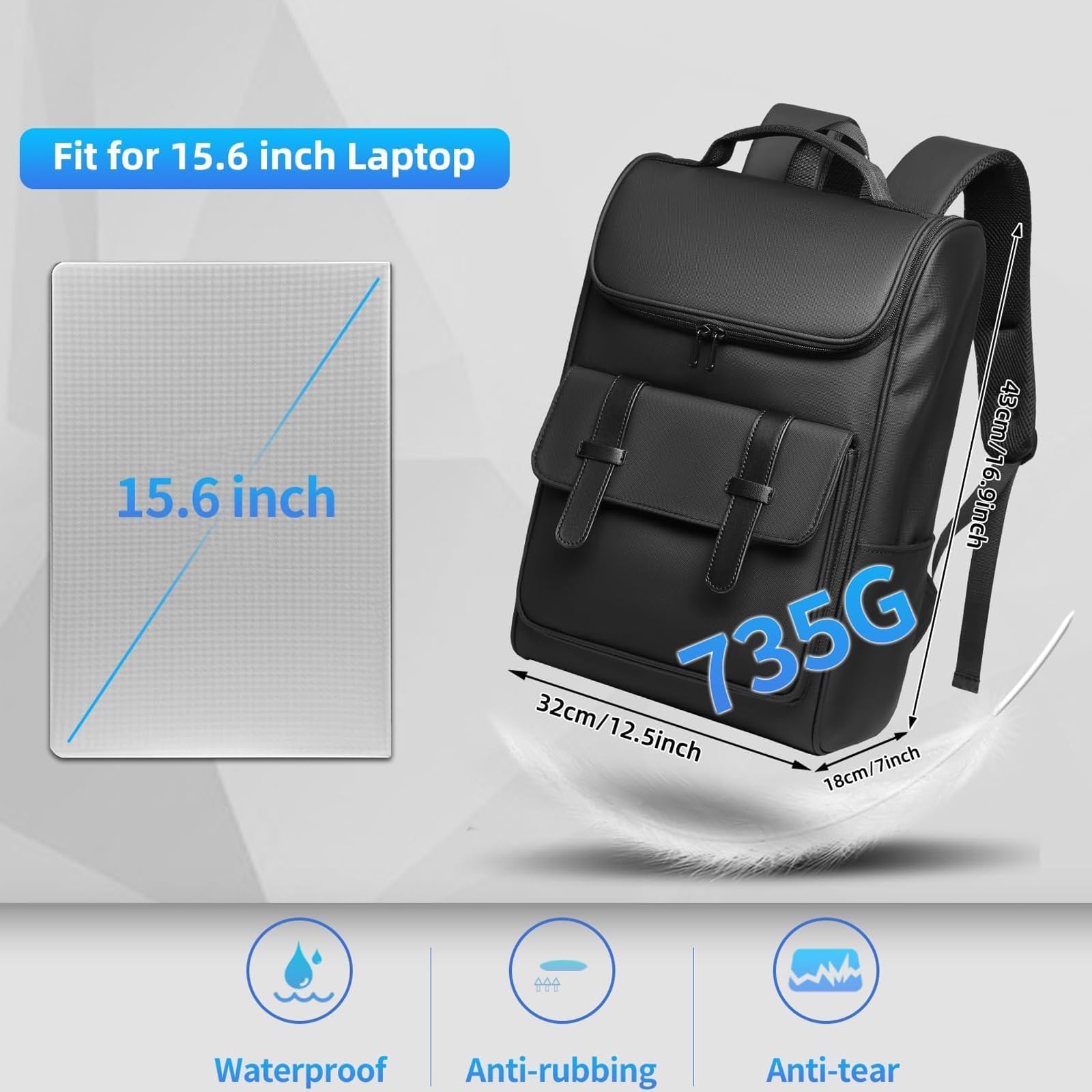 Sac a Dos Homme d'Affaire Ordinateur 15.6 Pouces Sac a Dos Femme Elegant Imperméable pour Collège Travail Voyage-Noir