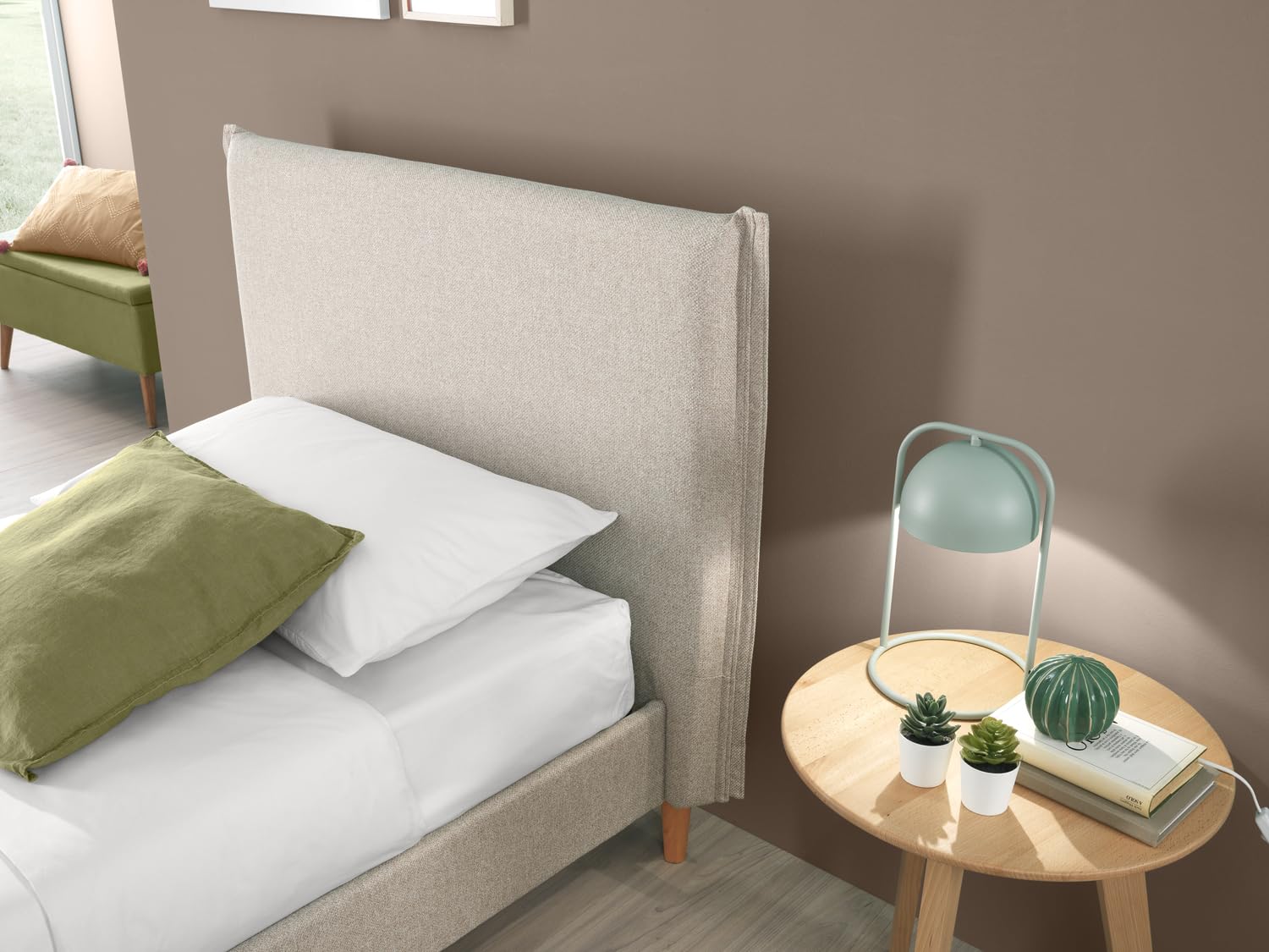 EVERGREENWEB Letto Singolo in doghe in legno con Testata e rivestimento in tessuto Beige | facile da montare |Adatto per materasso cm 90x200 | Letto di Design |Mod. Parigi
