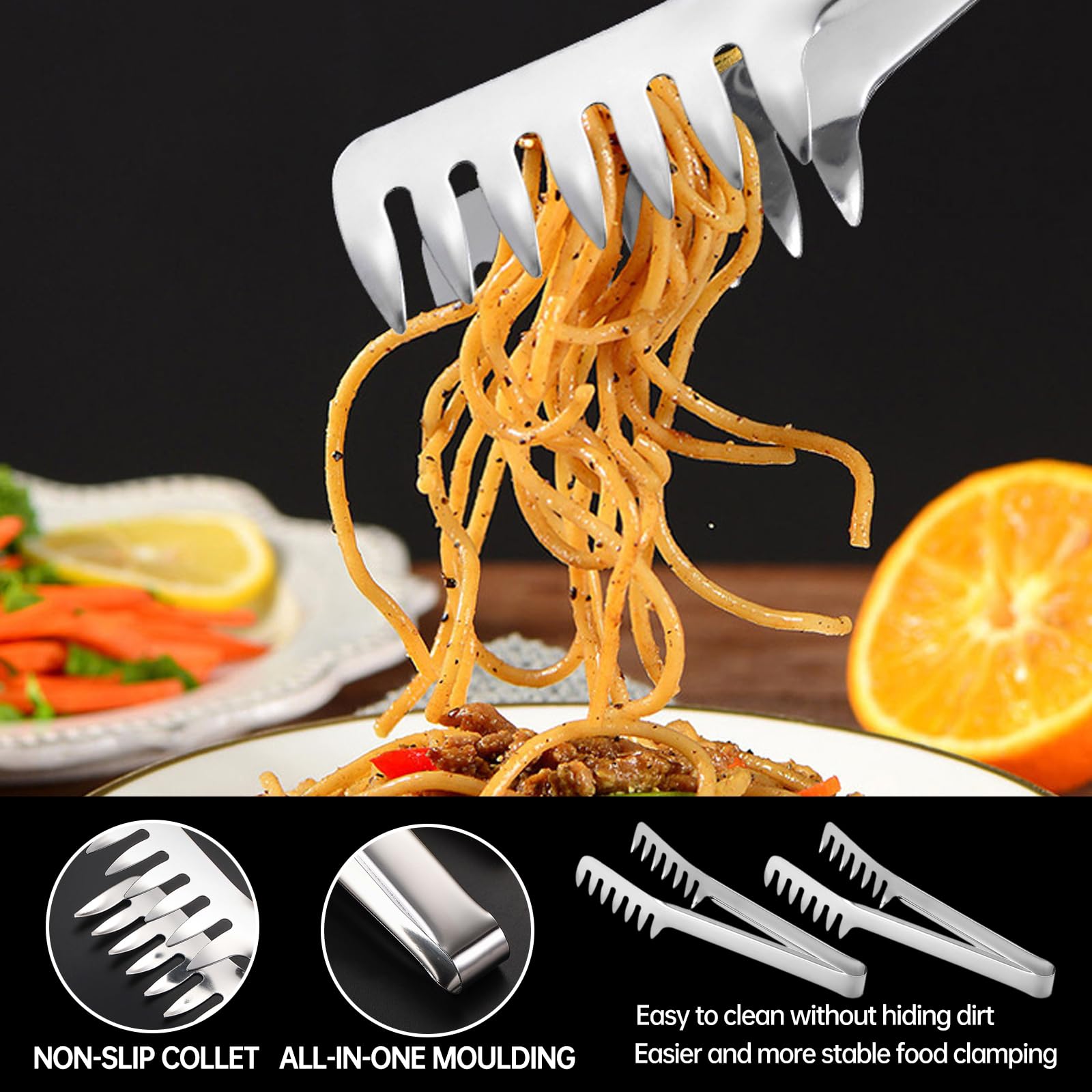 Pinces à Spaghetti - AUCUNELY - Lot De 3 - Silicone - Acier Inoxydable - Résistantes à La Chaleur - Maison